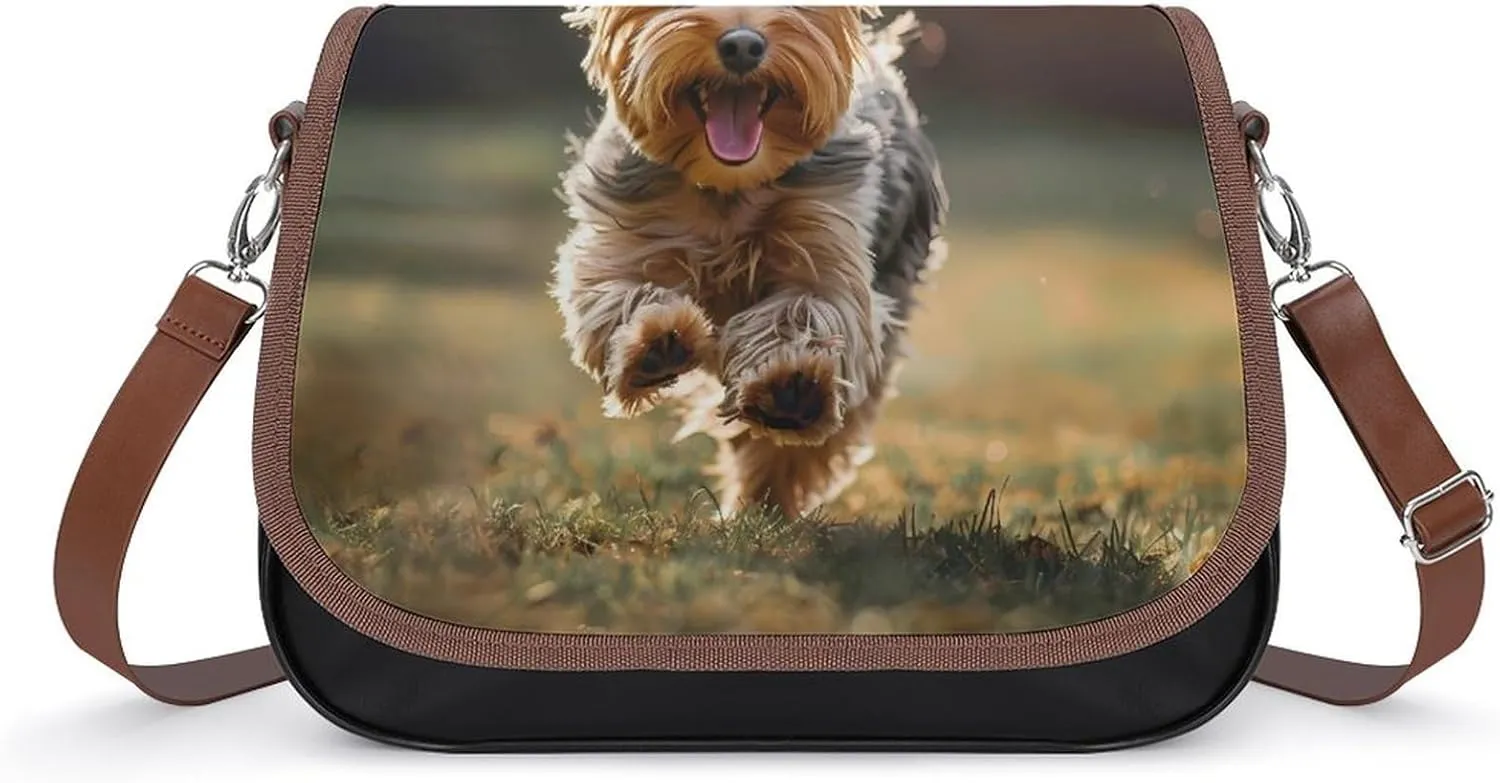 Cute Yorkshire Terrier Dog Messenger Bag for Women PU Leather Crossbody Bags Shoulder Handbags Purse