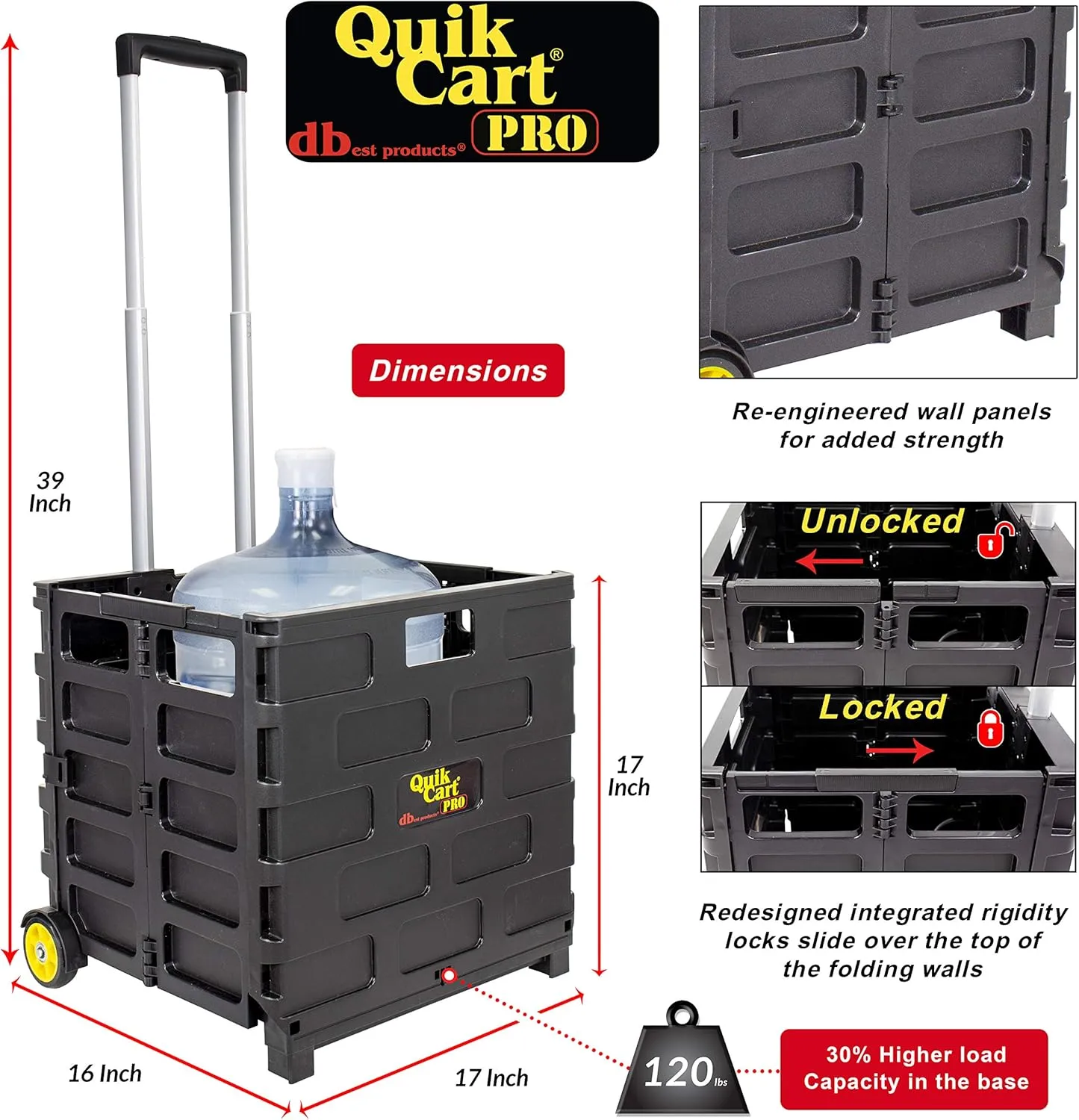 dbest products Quik Cart Pro Wheeled Rolling Crate Teacher Utility with seat Heavy Duty Collapsible Basket with Handle, Yellow