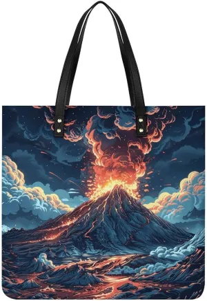 Depicts A Volcano Tote Bag Pu Leather Handbags for Women Shopping Shoulder Bags Travel Hobo Bags Slouchy Tote Big Capacity Cross Body Handbags Laptop Briefcases