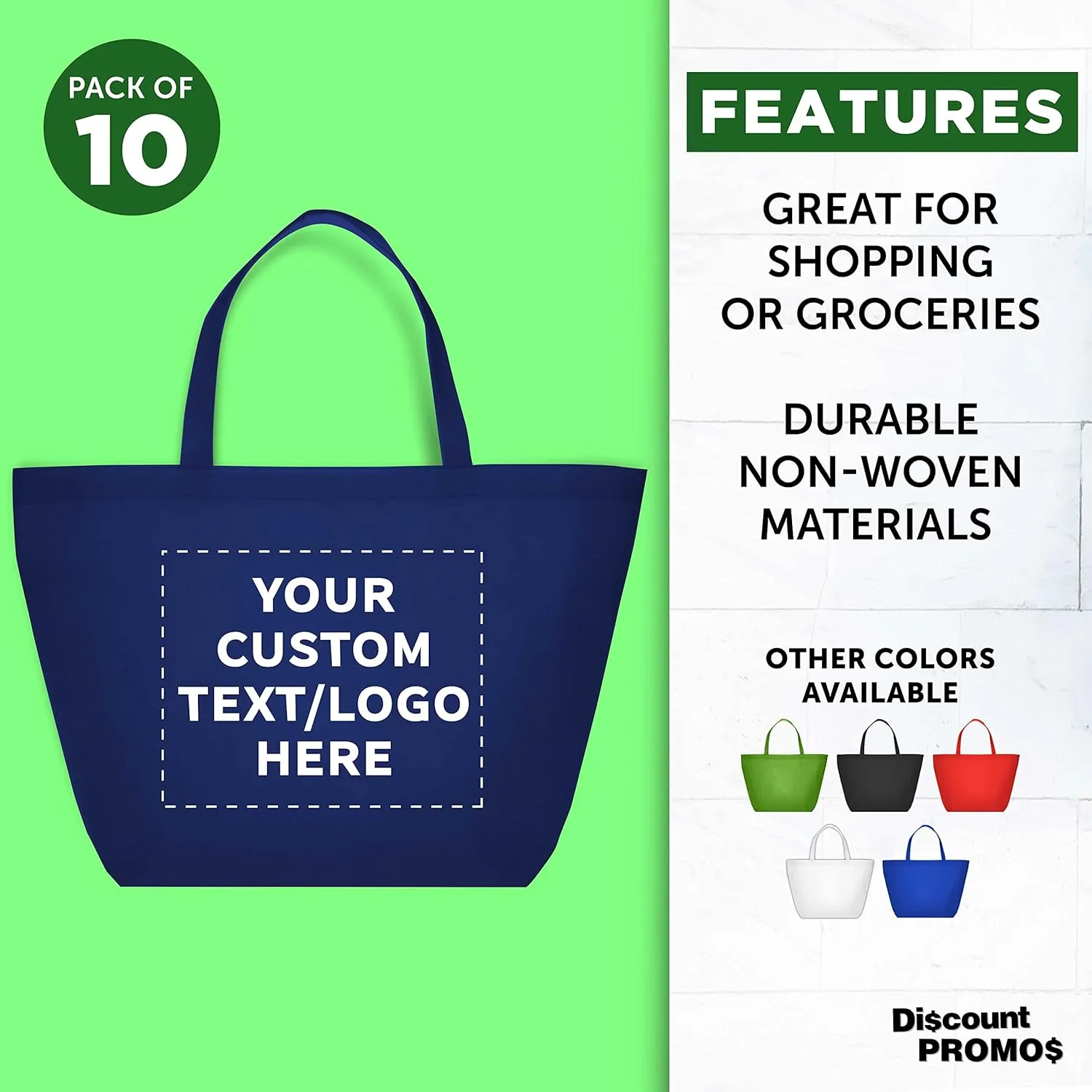 DISCOUNT PROMOS Custom Southern Style Grocery Tote Bags Set of 10 - Personalized Bulk Pack, Reusable Grocery & Shopping Bags - Great for Travel, Business Promotions - Navy Blue - 20"X13"X8"