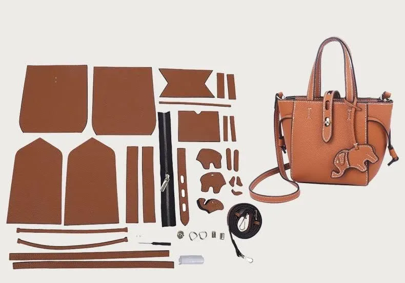 DIY Bag Satchel Purse Wallet Tote Making Kit PU Leather Material Pattern Accessory Handmade Handbag Shoulder Bag Sew Sewing Knitting Stitching Craft Tool Set Birthday Holiday Day Gift Video Sub