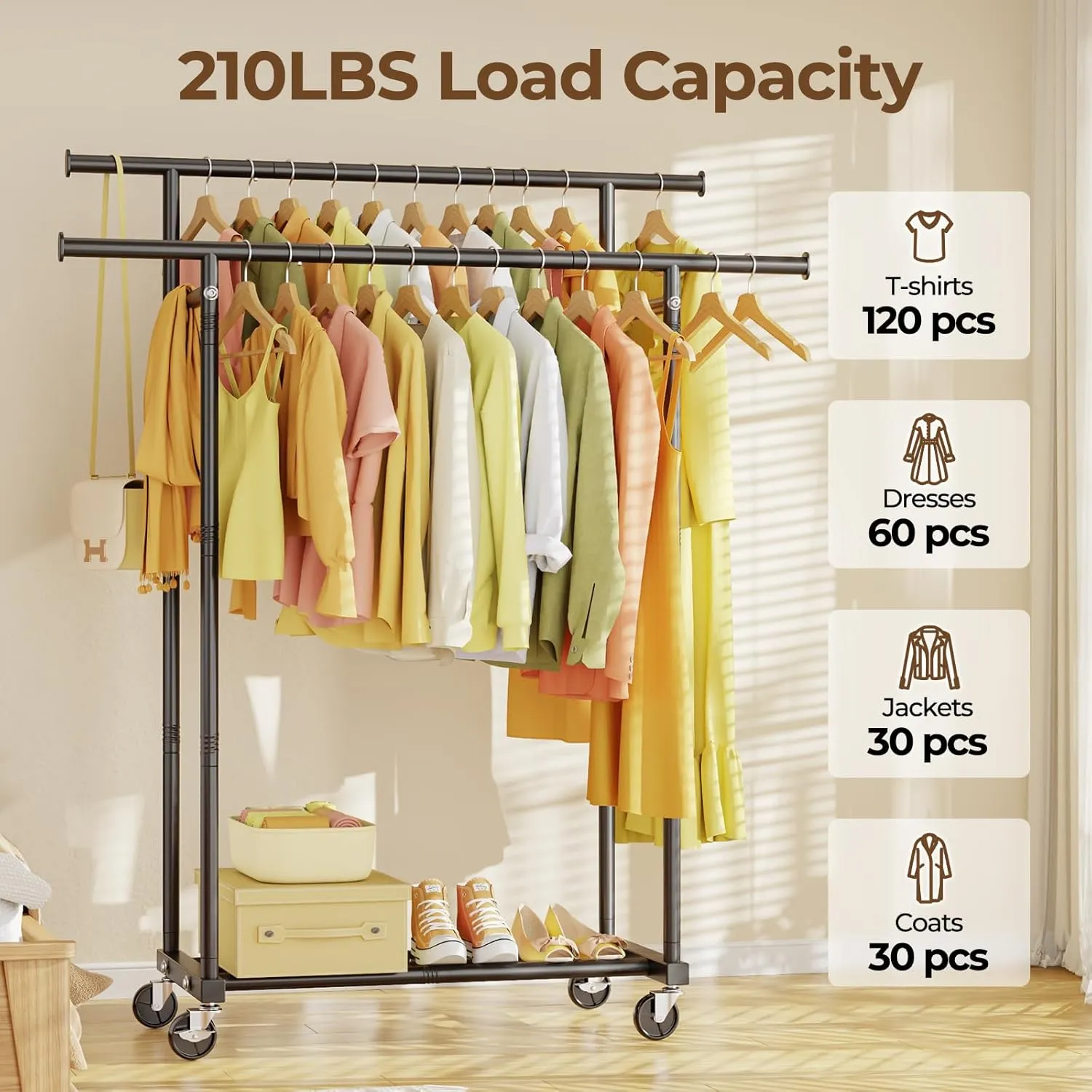Double Rods Clothes Rack, Rolling Clothing Rack for Hanging Clothes Portable Wardrobe Rack, Metal Garment Rack Sturdy Coat Rack for Bedroom Laundry Living Room, Black