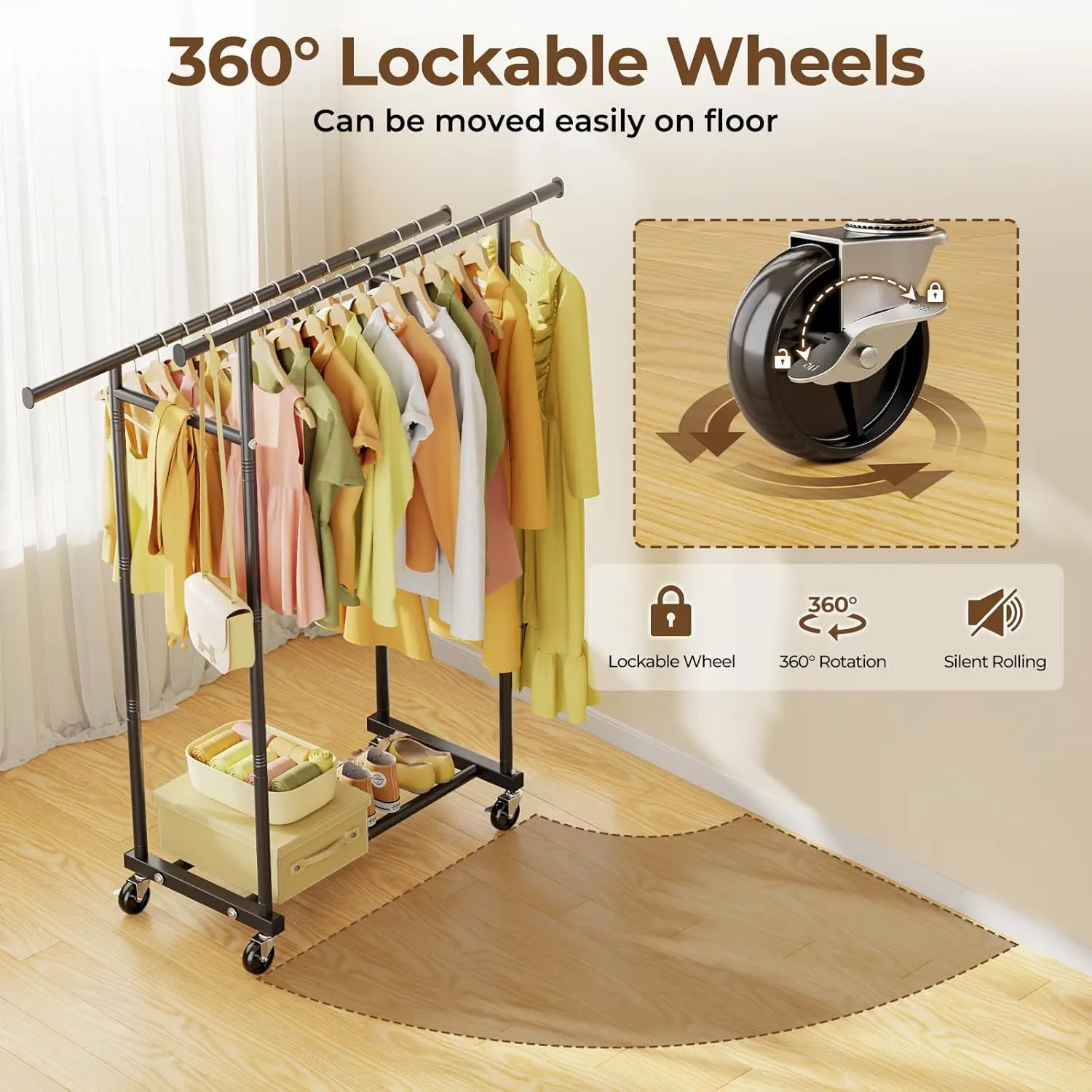 Double Rods Clothes Rack, Rolling Clothing Rack for Hanging Clothes Portable Wardrobe Rack, Metal Garment Rack Sturdy Coat Rack for Bedroom Laundry Living Room, Black