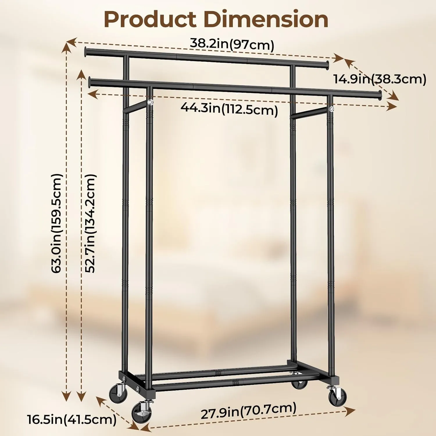 Double Rods Clothes Rack, Rolling Clothing Rack for Hanging Clothes Portable Wardrobe Rack, Metal Garment Rack Sturdy Coat Rack for Bedroom Laundry Living Room, Black