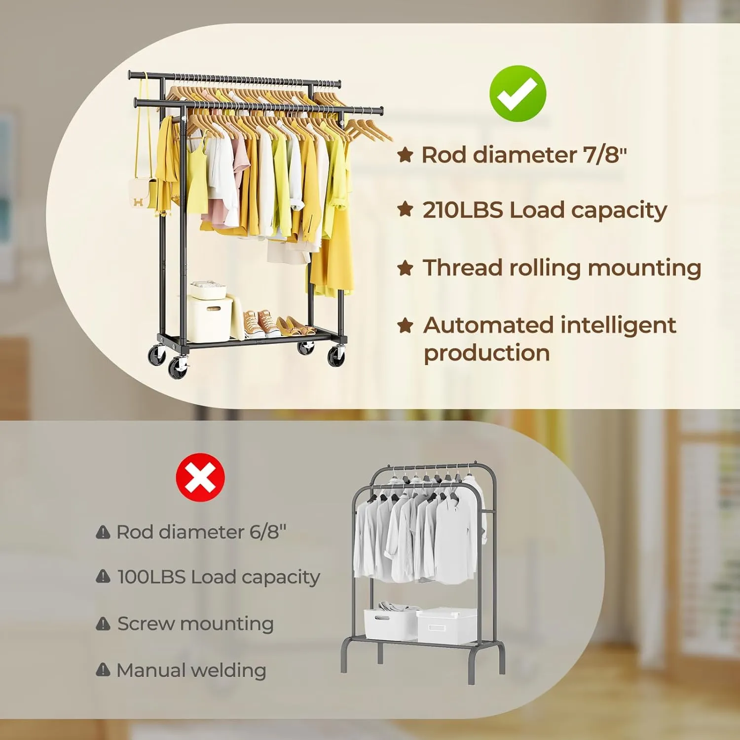 Double Rods Clothes Rack, Rolling Clothing Rack for Hanging Clothes Portable Wardrobe Rack, Metal Garment Rack Sturdy Coat Rack for Bedroom Laundry Living Room, Black