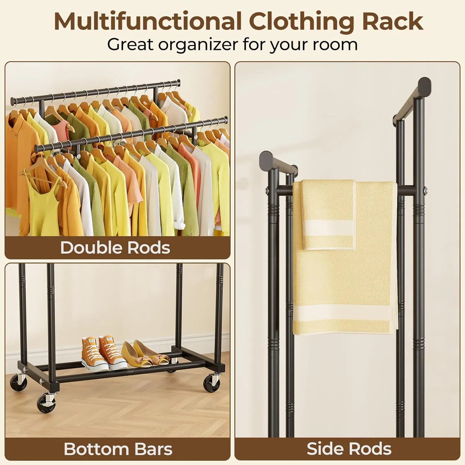 Double Rods Clothes Rack, Rolling Clothing Rack for Hanging Clothes Portable Wardrobe Rack, Metal Garment Rack Sturdy Coat Rack for Bedroom Laundry Living Room, Black