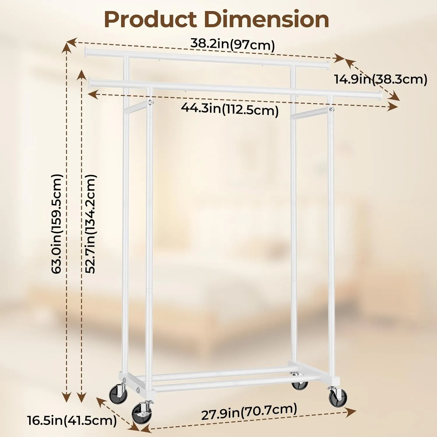 Double Rods Clothes Rack, Rolling Clothing Rack for Hanging Clothes Portable Wardrobe Rack, Metal Garment Rack Sturdy Coat Rack for Bedroom Laundry Living Room, White