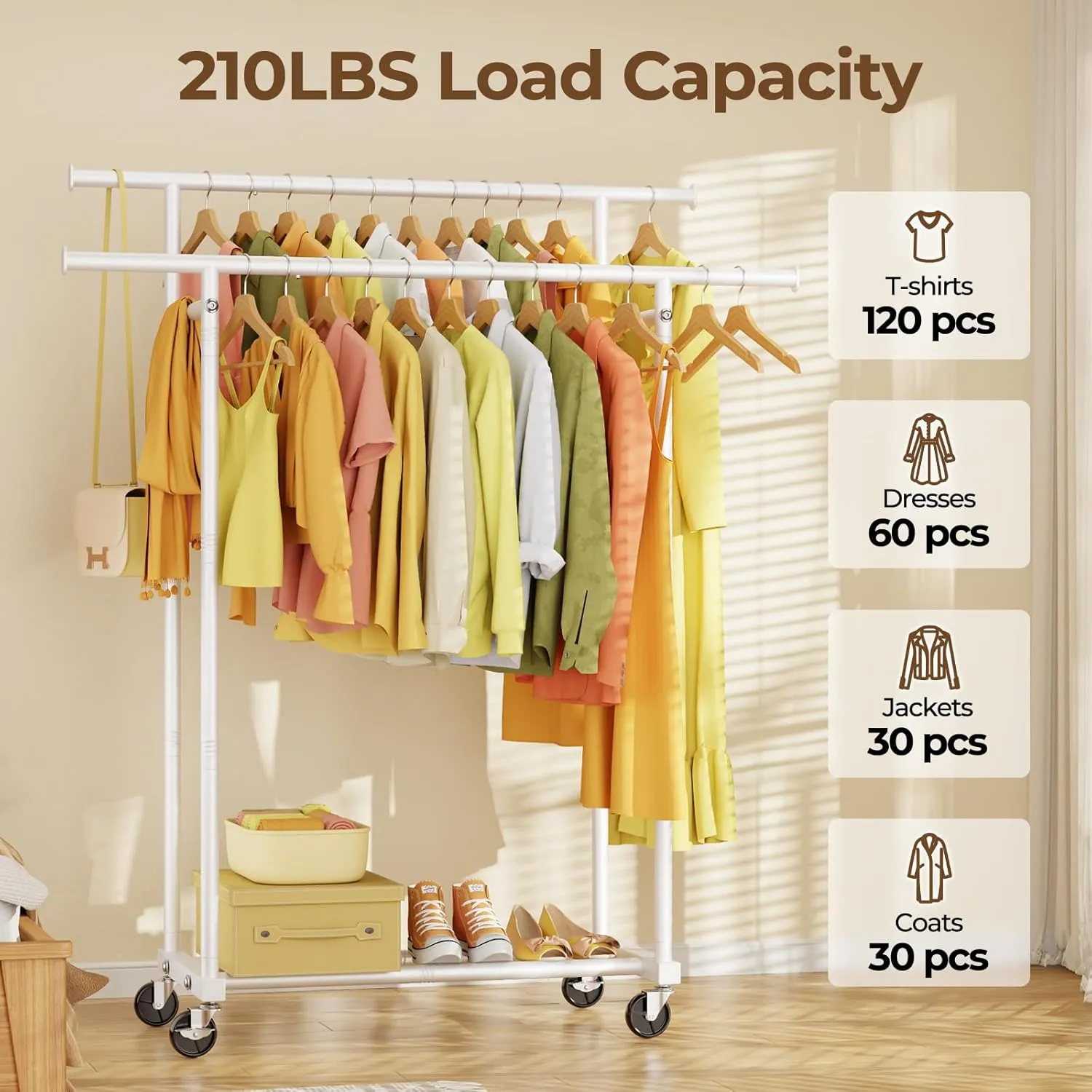 Double Rods Clothes Rack, Rolling Clothing Rack for Hanging Clothes Portable Wardrobe Rack, Metal Garment Rack Sturdy Coat Rack for Bedroom Laundry Living Room, White