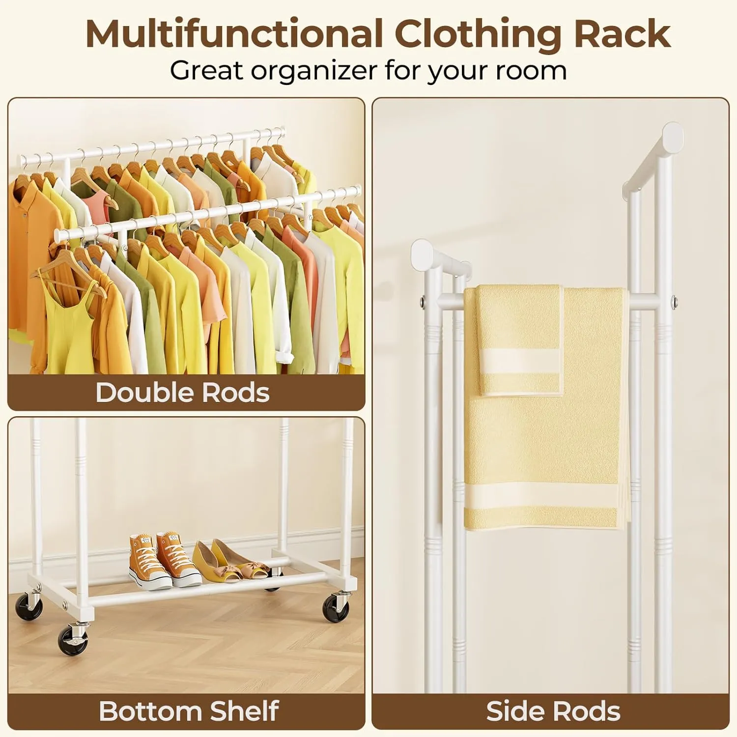 Double Rods Clothes Rack, Rolling Clothing Rack for Hanging Clothes Portable Wardrobe Rack, Metal Garment Rack Sturdy Coat Rack for Bedroom Laundry Living Room, White