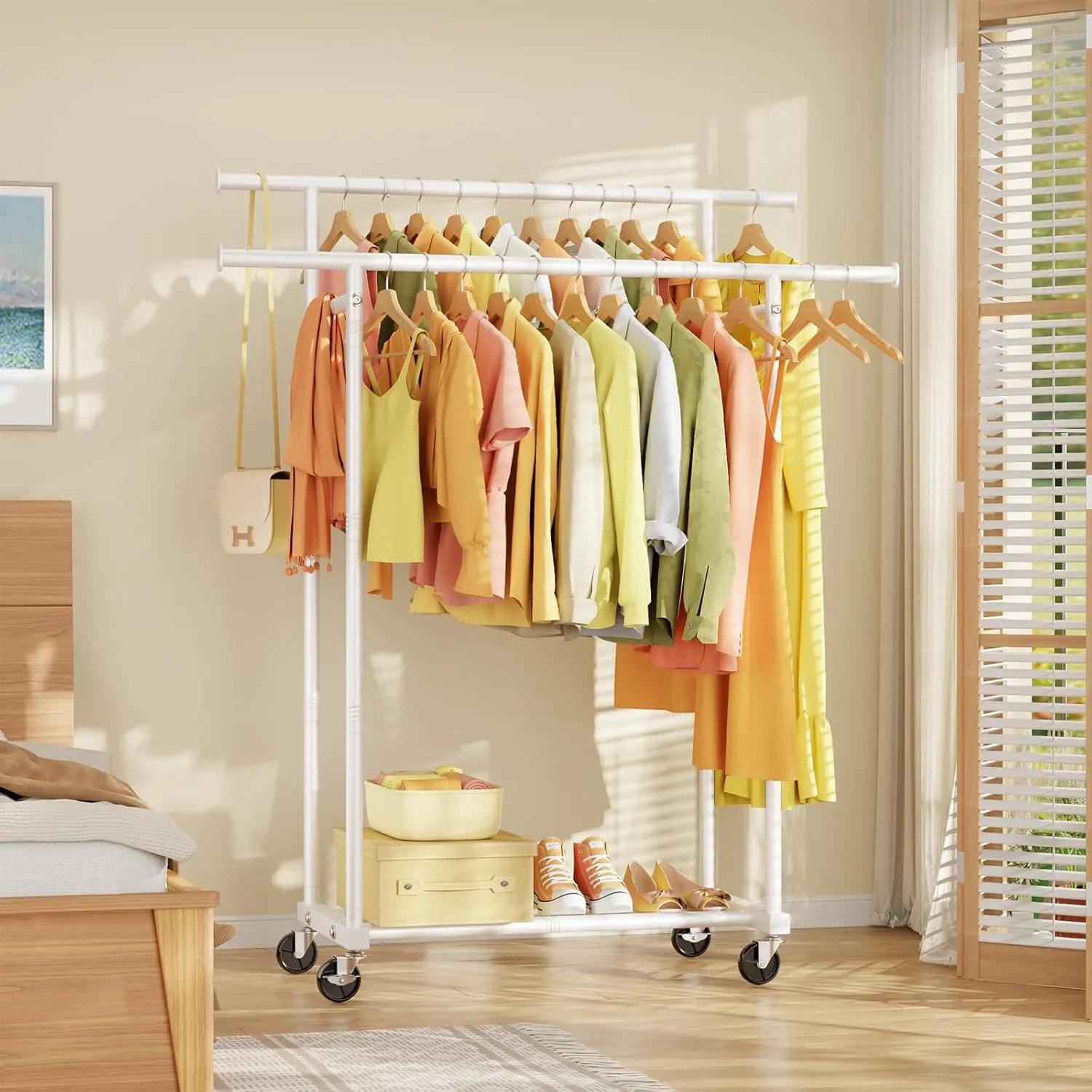 Double Rods Clothes Rack, Rolling Clothing Rack for Hanging Clothes Portable Wardrobe Rack, Metal Garment Rack Sturdy Coat Rack for Bedroom Laundry Living Room, White