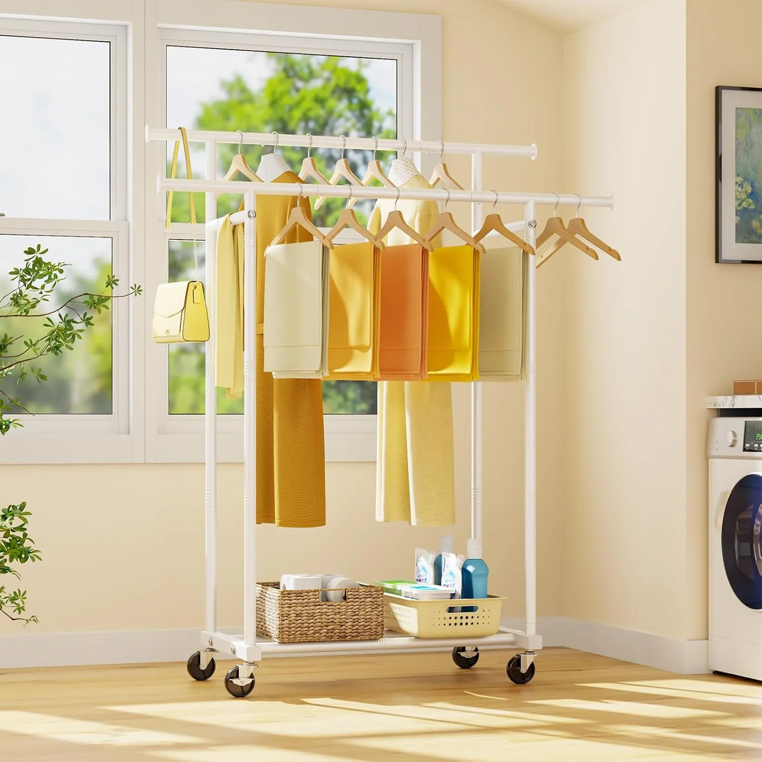 Double Rods Clothes Rack, Rolling Clothing Rack for Hanging Clothes Portable Wardrobe Rack, Metal Garment Rack Sturdy Coat Rack for Bedroom Laundry Living Room, White