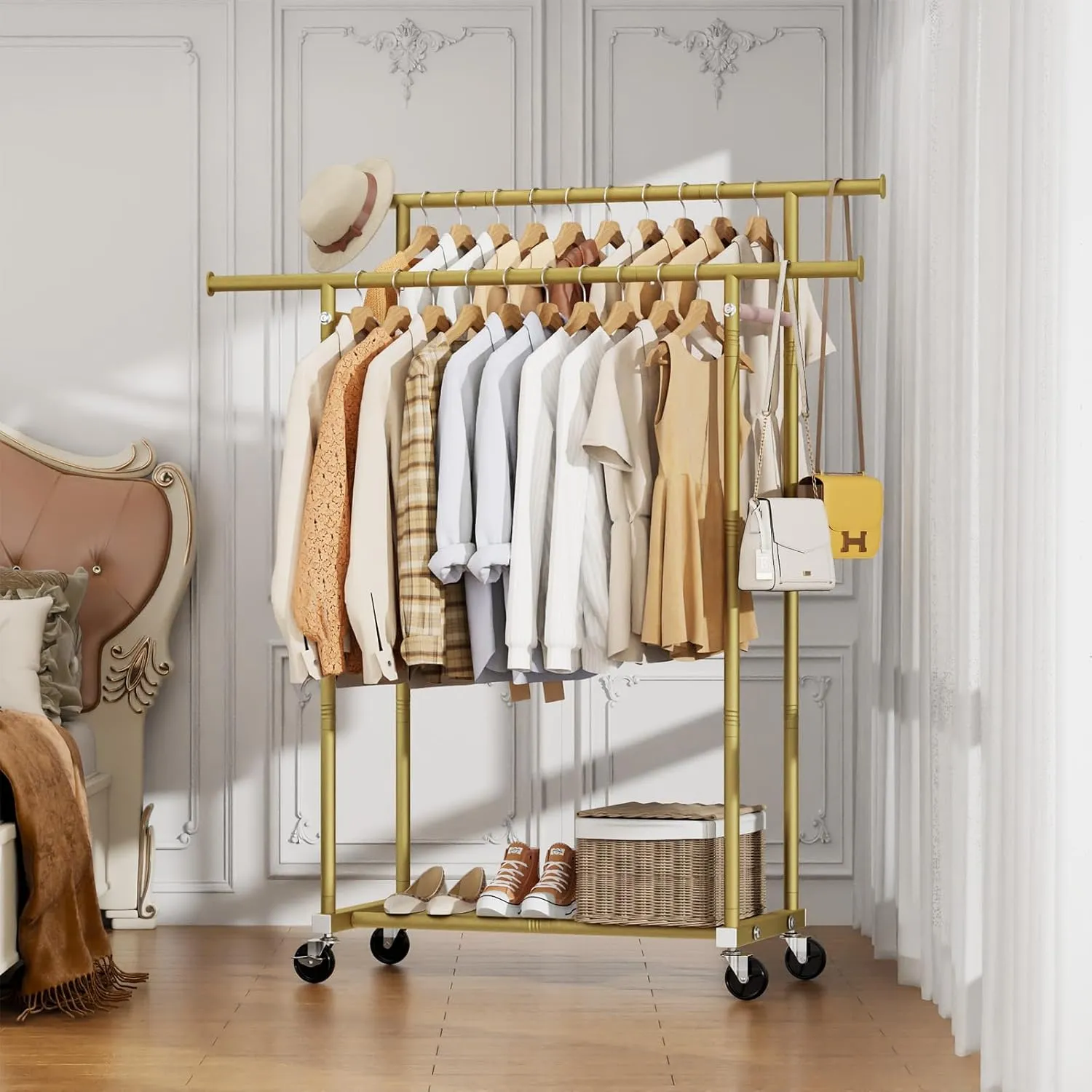 Double Rods Clothes Rack, Sturdy Rolling Clothing Rack, Portable Clothing Racks for Hanging Clothes - Metal Garment Rack Wardrobe Coat Rack for Bedroom Laundry Living Room, Gold
