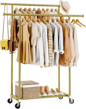 Double Rods Clothes Rack, Sturdy Rolling Clothing Rack, Portable Clothing Racks for Hanging Clothes - Metal Garment Rack Wardrobe Coat Rack for Bedroom Laundry Living Room, Gold