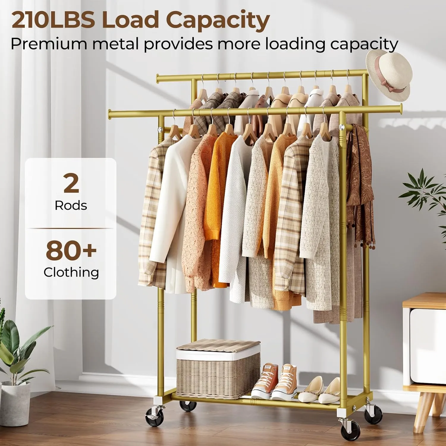 Double Rods Clothes Rack, Sturdy Rolling Clothing Rack, Portable Clothing Racks for Hanging Clothes - Metal Garment Rack Wardrobe Coat Rack for Bedroom Laundry Living Room, Gold