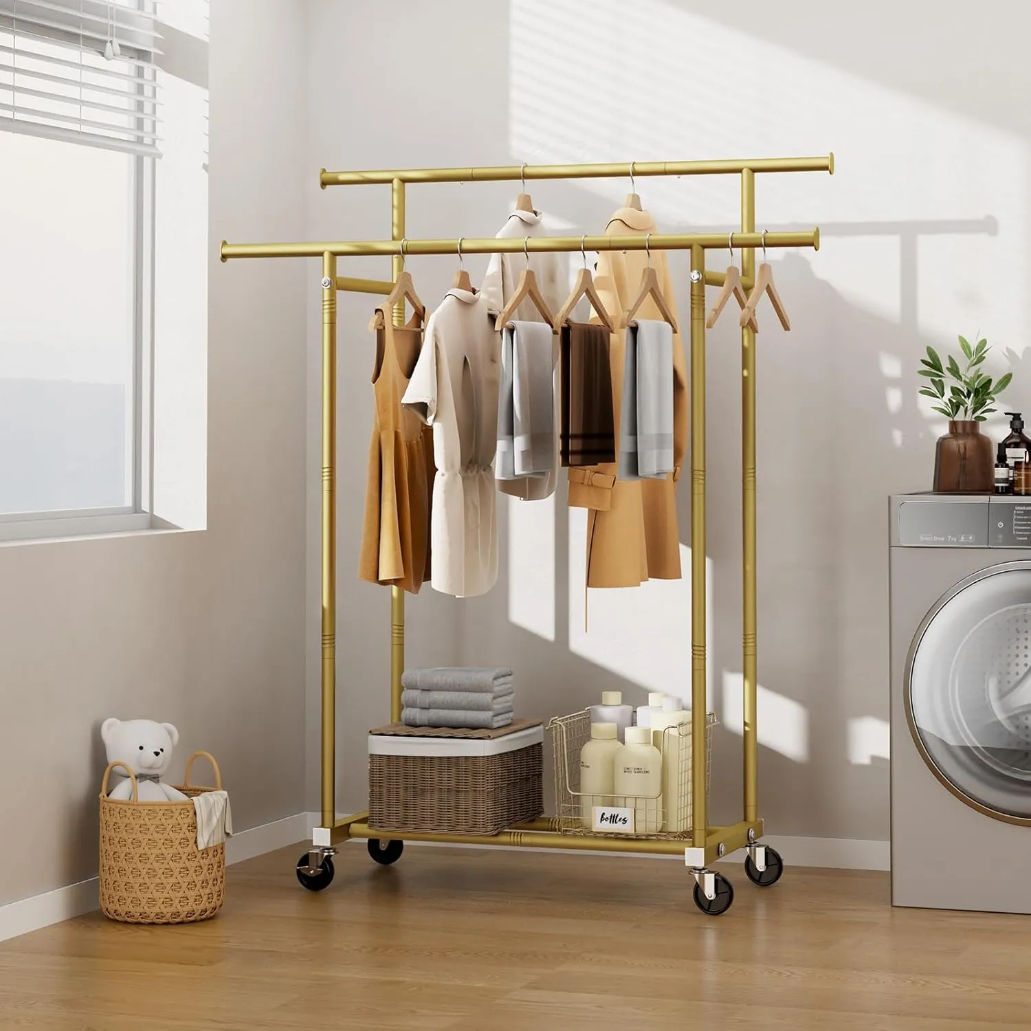 Double Rods Clothes Rack, Sturdy Rolling Clothing Rack, Portable Clothing Racks for Hanging Clothes - Metal Garment Rack Wardrobe Coat Rack for Bedroom Laundry Living Room, Gold