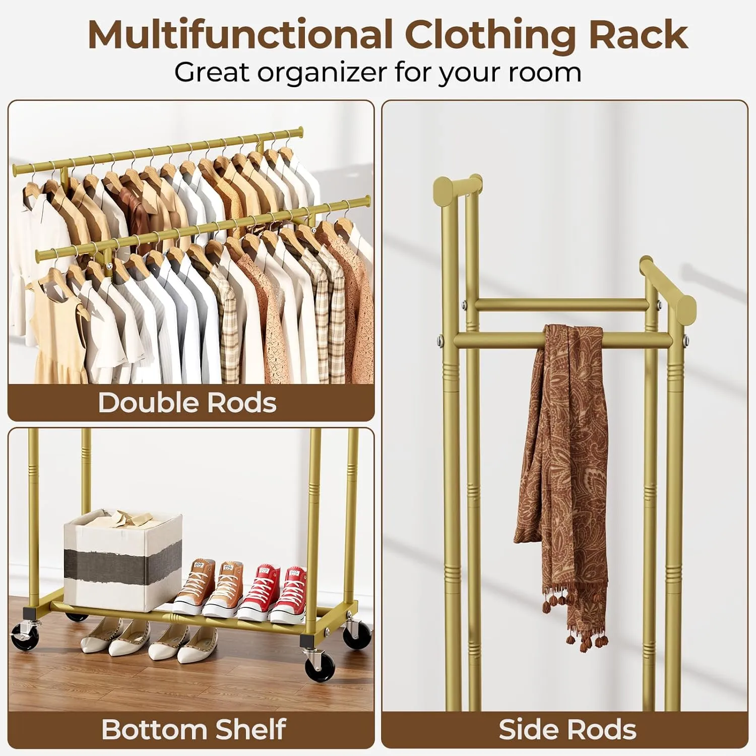 Double Rods Clothes Rack, Sturdy Rolling Clothing Rack, Portable Clothing Racks for Hanging Clothes - Metal Garment Rack Wardrobe Coat Rack for Bedroom Laundry Living Room, Gold