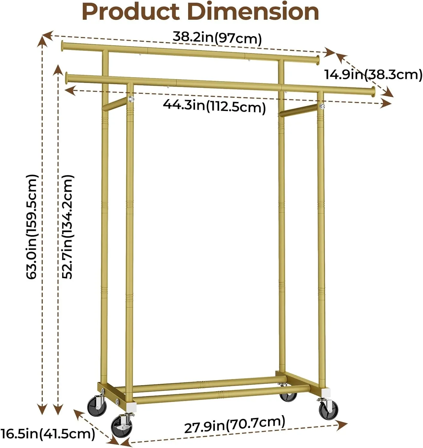 Double Rods Clothes Rack, Sturdy Rolling Clothing Rack, Portable Clothing Racks for Hanging Clothes - Metal Garment Rack Wardrobe Coat Rack for Bedroom Laundry Living Room, Gold