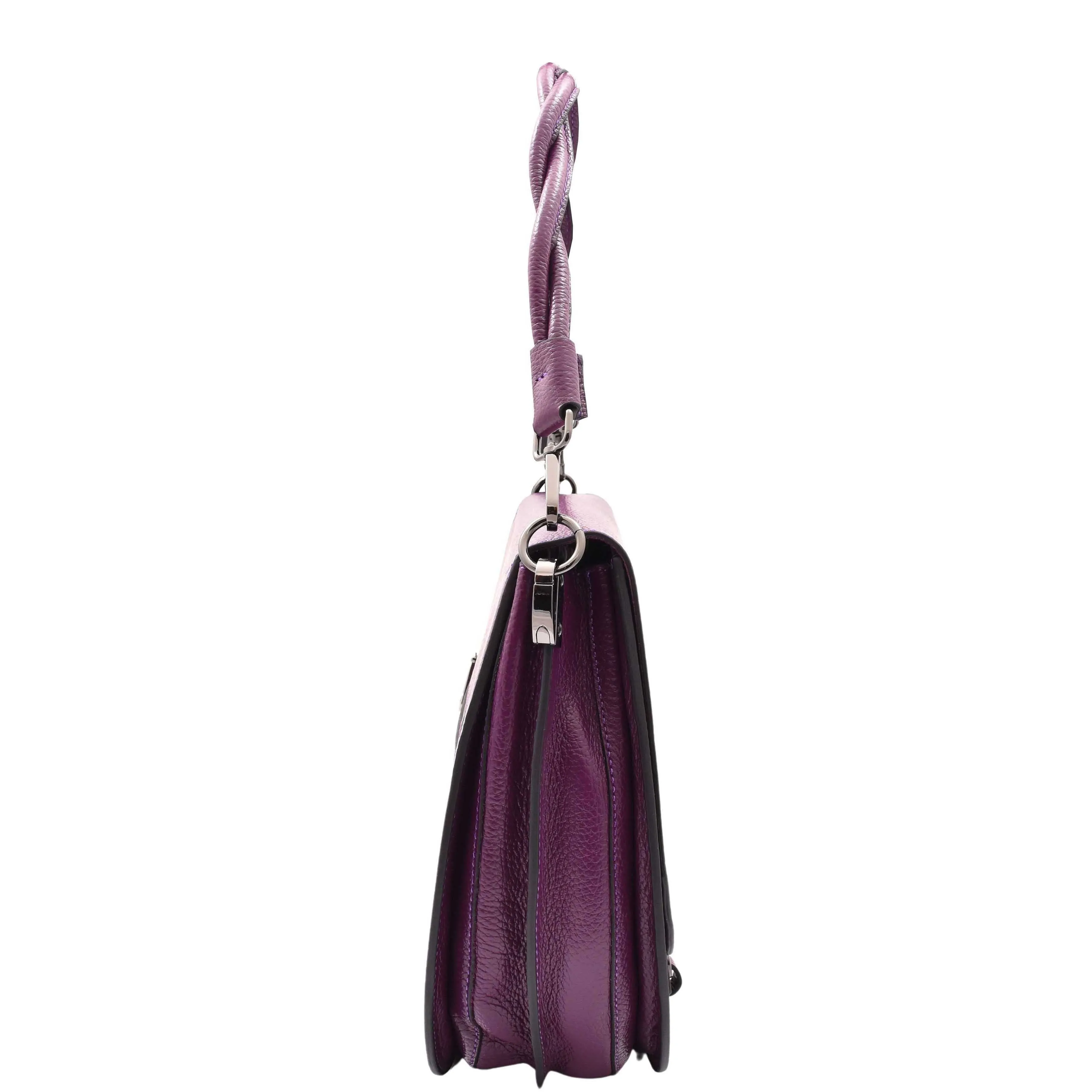 DR581 Women's Real Leather Twist Handle Shoulder Bag Purple