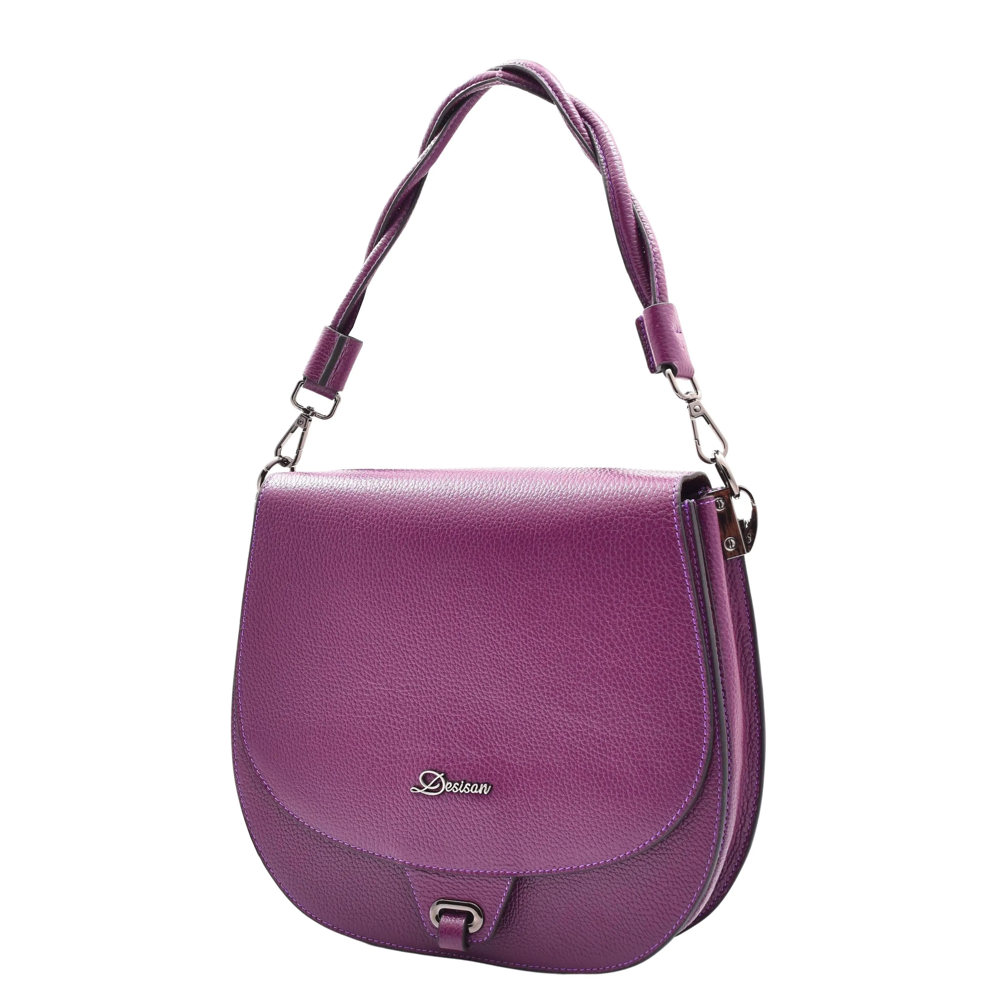 DR581 Women's Real Leather Twist Handle Shoulder Bag Purple