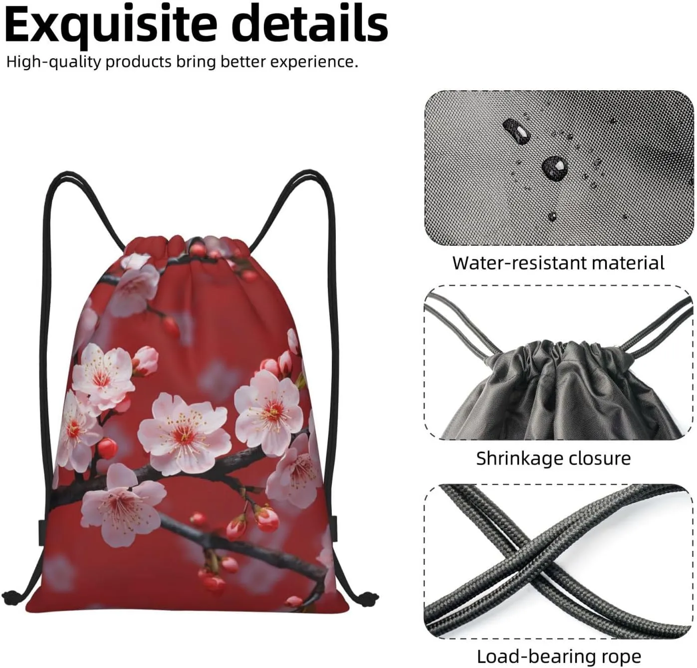 Drawstring Gym Backpack peach plum blossom Sports String Bag Water Resistan Beach Swim Travel Sackpack