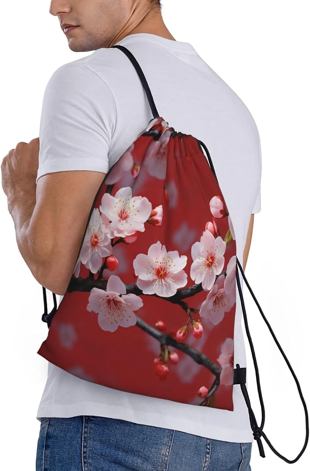 Drawstring Gym Backpack peach plum blossom Sports String Bag Water Resistan Beach Swim Travel Sackpack