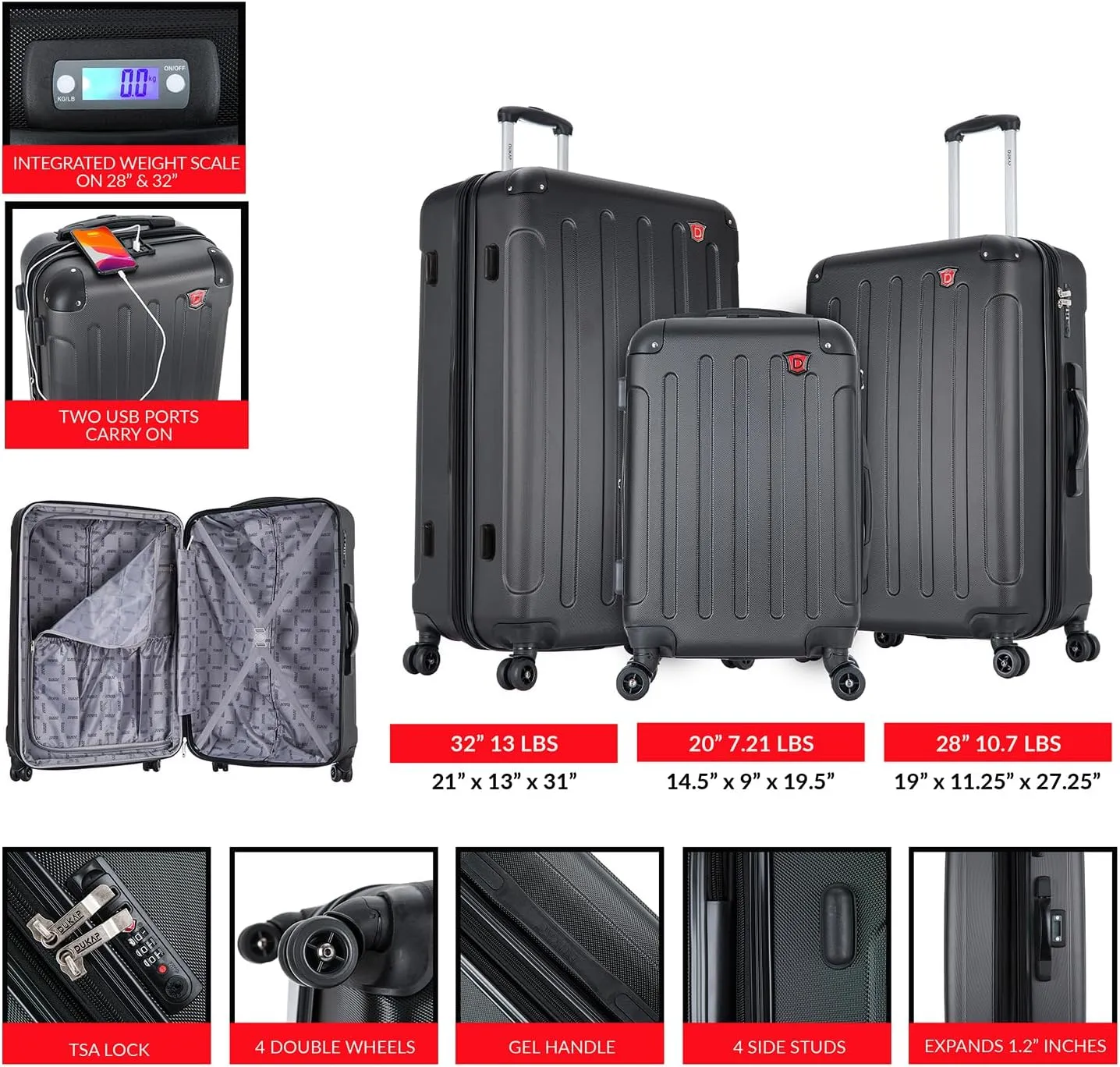 DUKAP INTELY Hardside Luggage Set with Spinner Wheel | Spacious Traveling Suitcase, Travel Suitcases with TSA Lock and Ergonomic GEL Handle | 3 Piece Set (20"/28"/32") | Grey