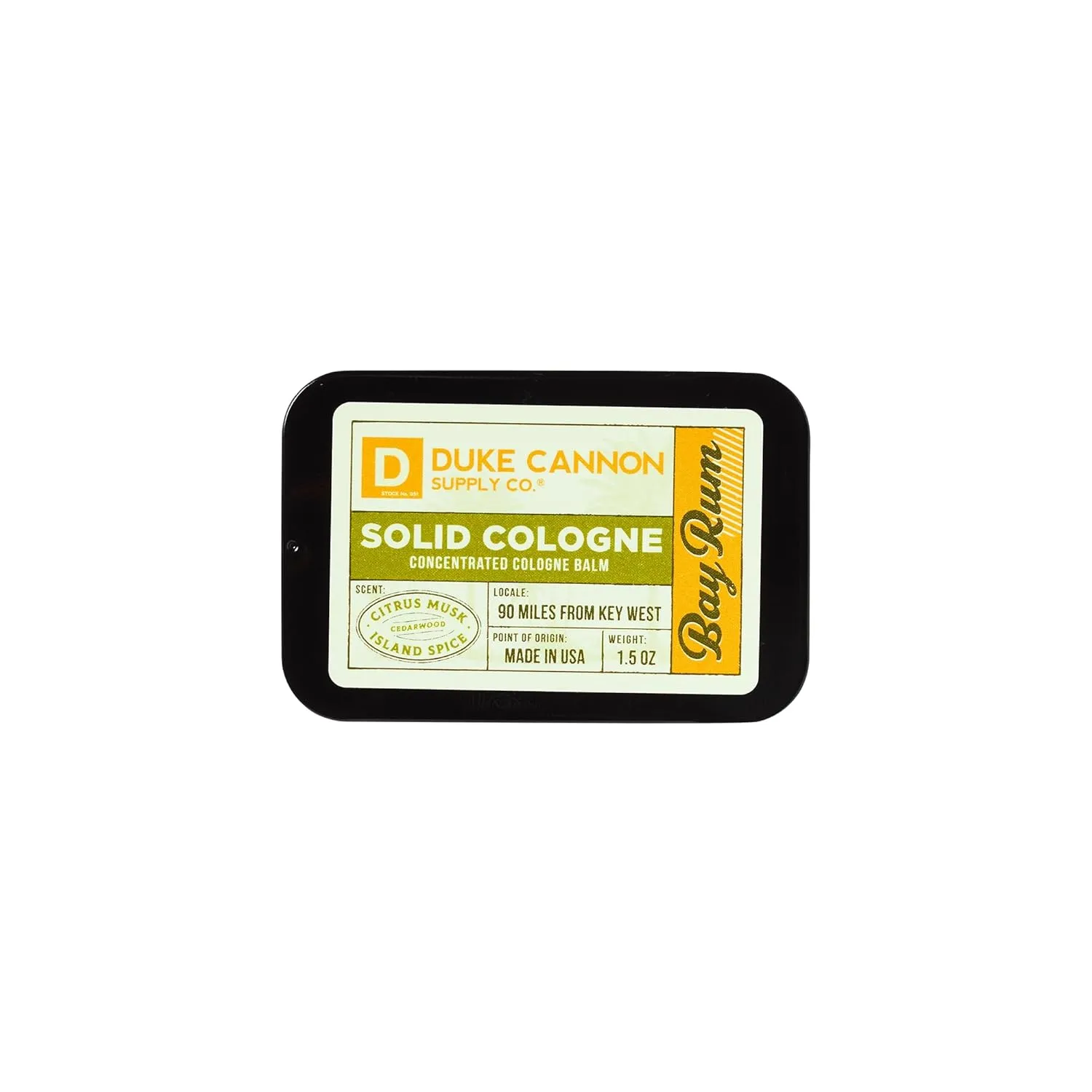 Duke Cannon Supply Co. Solid Cologne for Men Bay Rum (Citrus Musk, Cedarwood, Island Spice) - Concentrated Balm, Travel-Friendly Convenient Tin, 1.5 oz