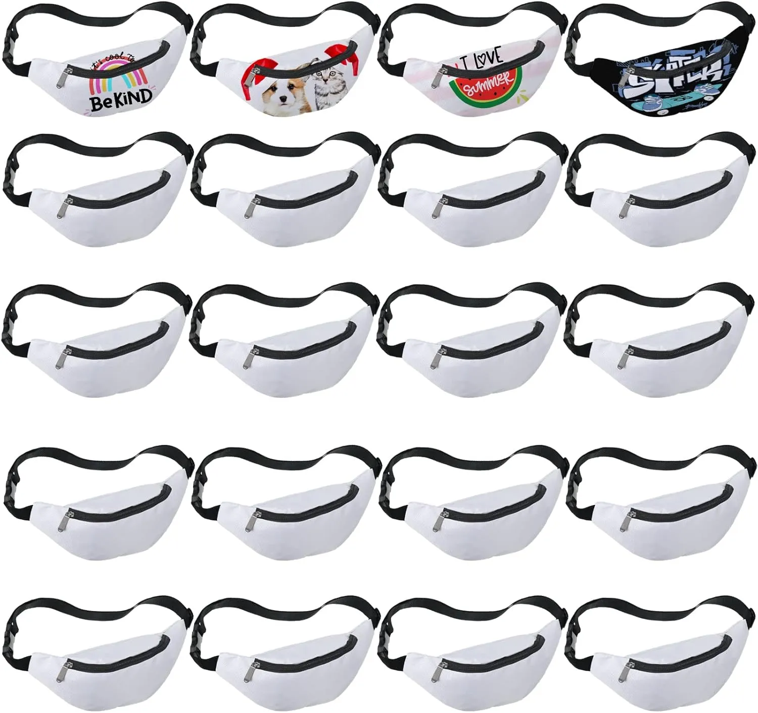 Eccliy Sublimation Fanny Packs for Women Men White Running Waist Bag Waist Pouch with Adjustable Strap Zipper for DIY Hiking Traveling Biking Festival Sports Outdoors Workout