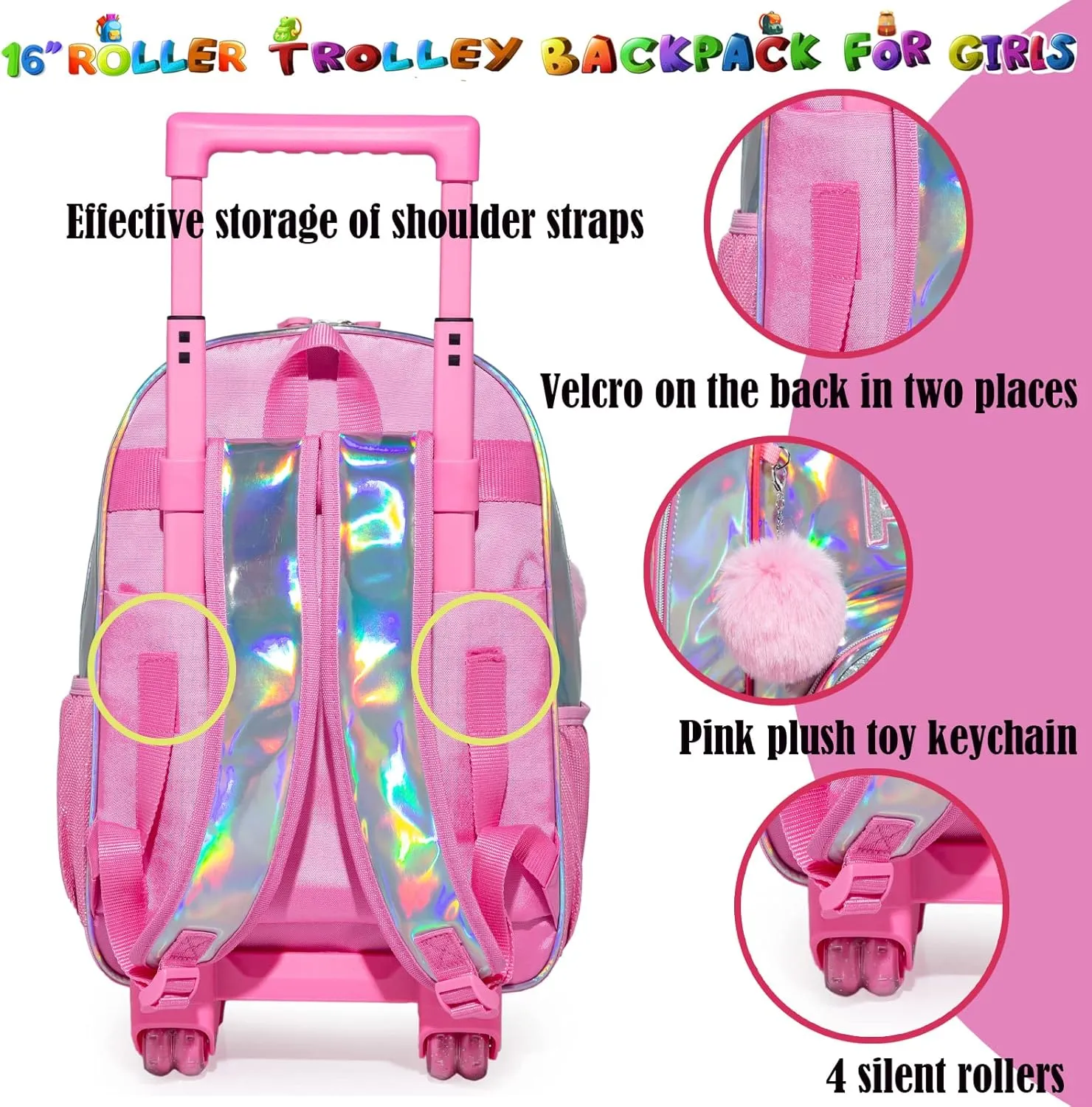 Egchescebo Kids Love Rolling Roller Backpack for Girls Girl Childrens Kid Suitcases Luggage Lunch Box with Wheels School Bags 16“ 3Pcs Kids Wheeled Backpack Pink Bright Trolley