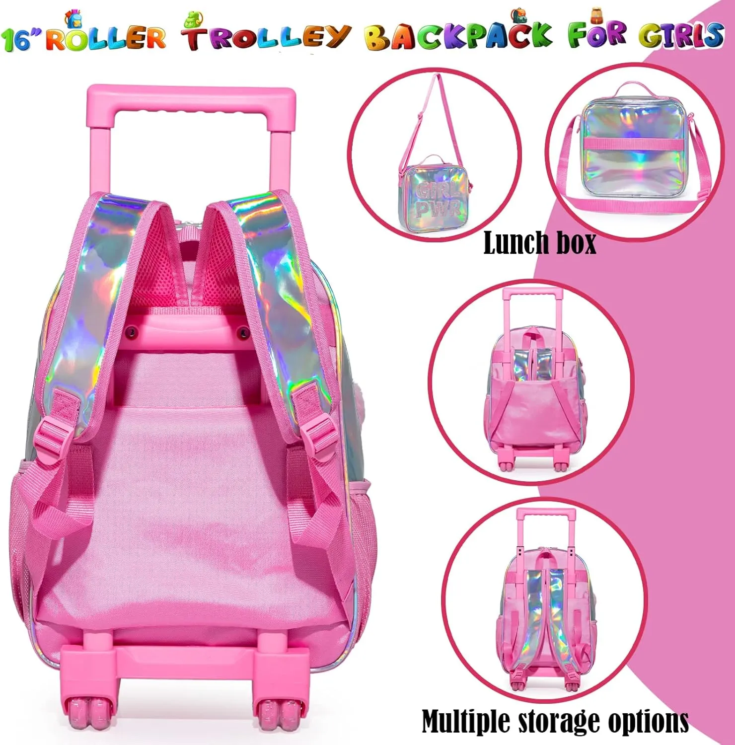 Egchescebo Kids Love Rolling Roller Backpack for Girls Girl Childrens Kid Suitcases Luggage Lunch Box with Wheels School Bags 16“ 3Pcs Kids Wheeled Backpack Pink Bright Trolley