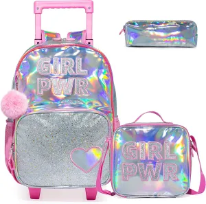 Egchescebo Kids Love Rolling Roller Backpack for Girls Girl Childrens Kid Suitcases Luggage Lunch Box with Wheels School Bags 16“ 3Pcs Kids Wheeled Backpack Pink Bright Trolley