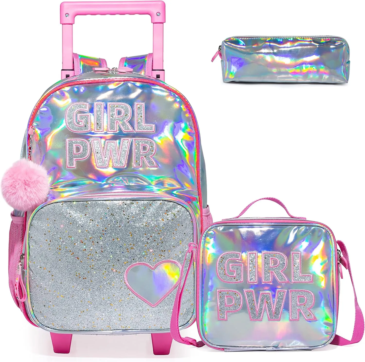 Egchescebo Kids Love Rolling Roller Backpack for Girls Girl Childrens Kid Suitcases Luggage Lunch Box with Wheels School Bags 16“ 3Pcs Kids Wheeled Backpack Pink Bright Trolley