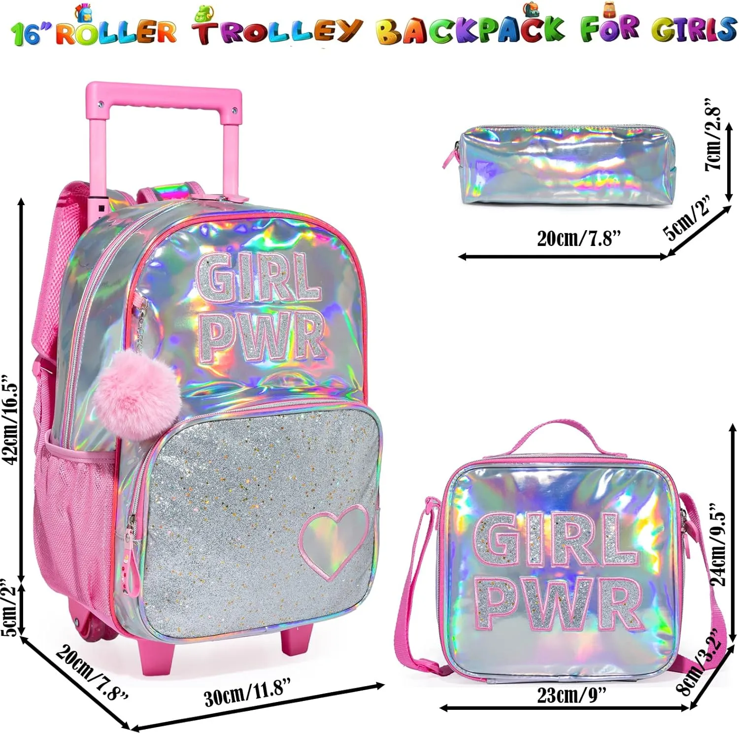 Egchescebo Kids Love Rolling Roller Backpack for Girls Girl Childrens Kid Suitcases Luggage Lunch Box with Wheels School Bags 16“ 3Pcs Kids Wheeled Backpack Pink Bright Trolley