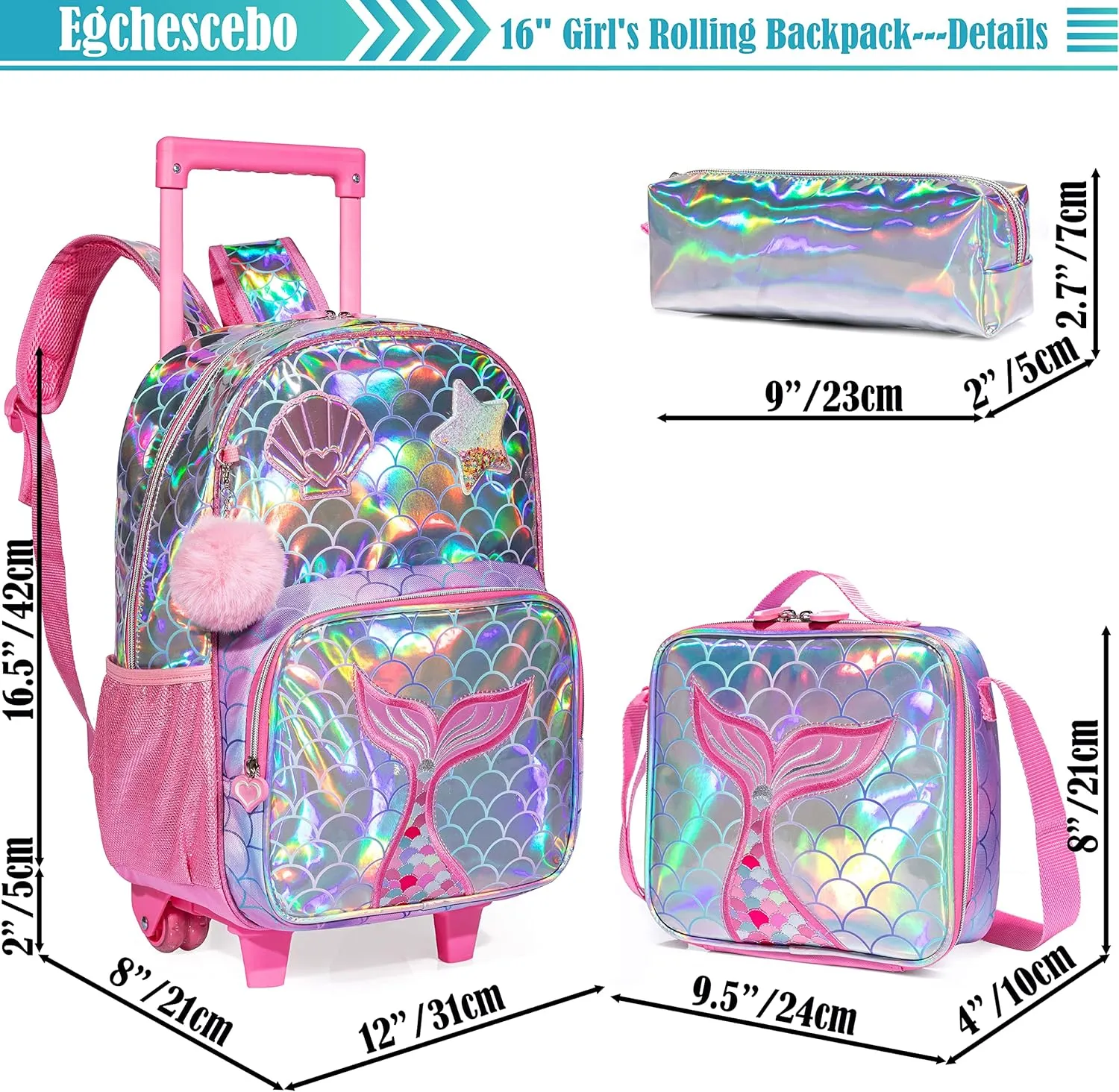 Egchescebo Kids Mermaid Rolling Roller Backpack for Girls 3Pcs Girl Childrens Kid Suitcases Luggage Lunch Box with Wheels School Bags 16“ Kids Wheeled Backpack Red Bright Trolley School Bag