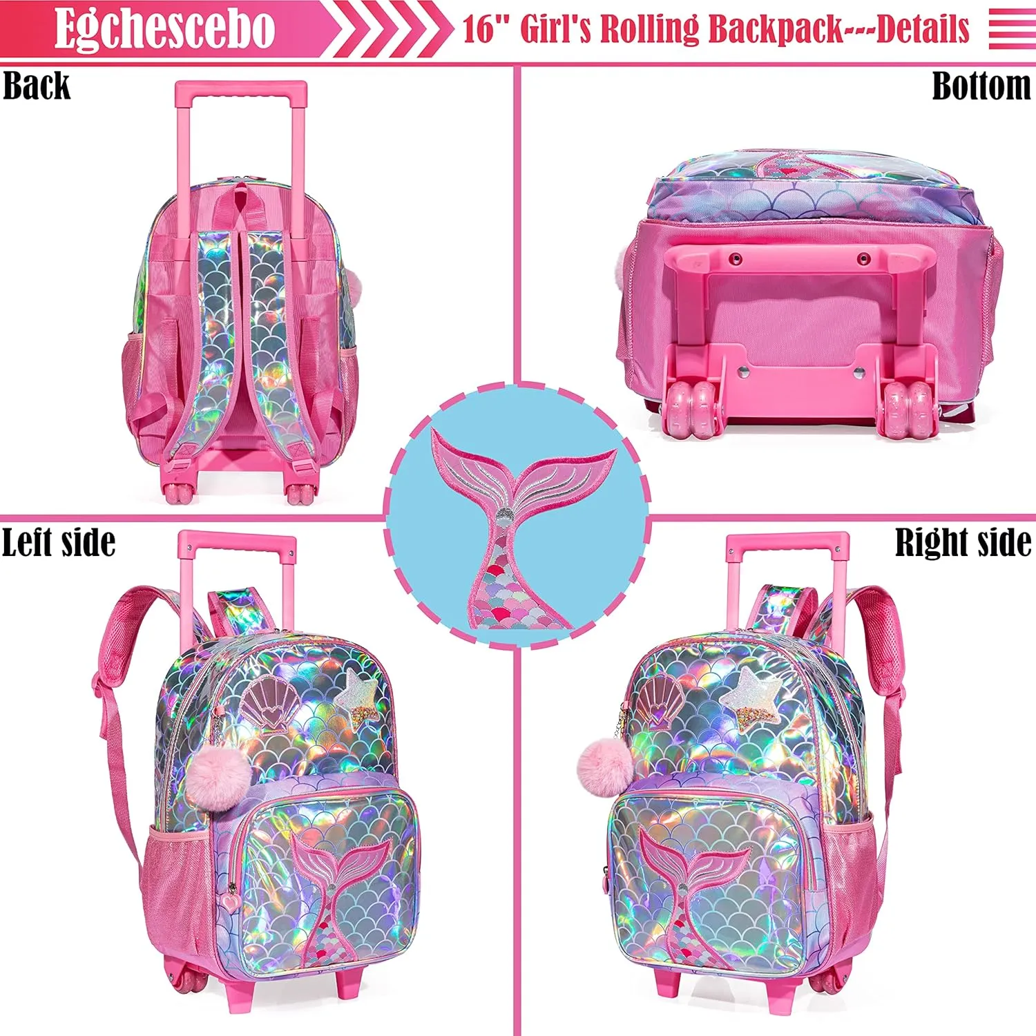 Egchescebo Kids Mermaid Rolling Roller Backpack for Girls 3Pcs Girl Childrens Kid Suitcases Luggage Lunch Box with Wheels School Bags 16“ Kids Wheeled Backpack Red Bright Trolley School Bag