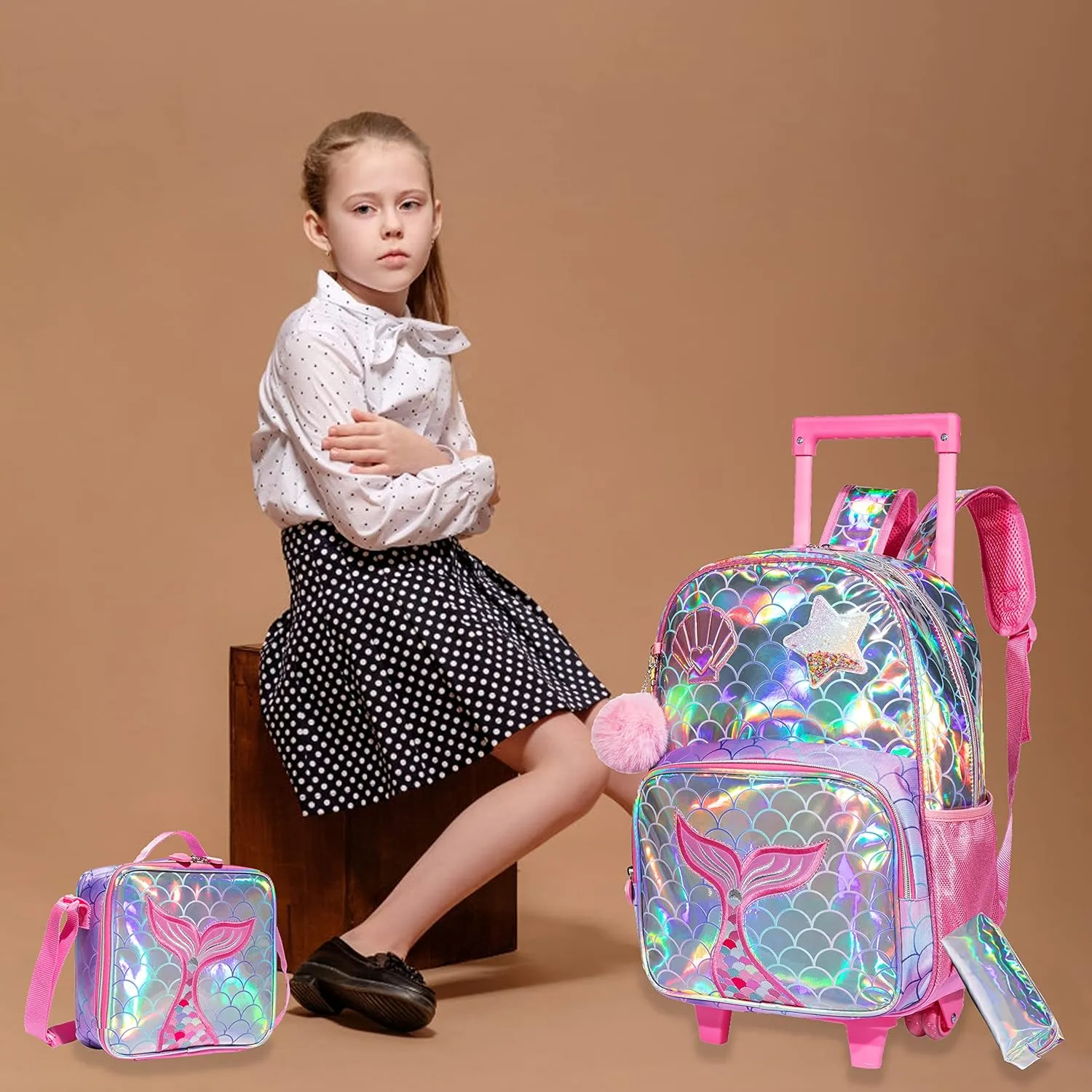 Egchescebo Kids Mermaid Rolling Roller Backpack for Girls 3Pcs Girl Childrens Kid Suitcases Luggage Lunch Box with Wheels School Bags 16“ Kids Wheeled Backpack Red Bright Trolley School Bag