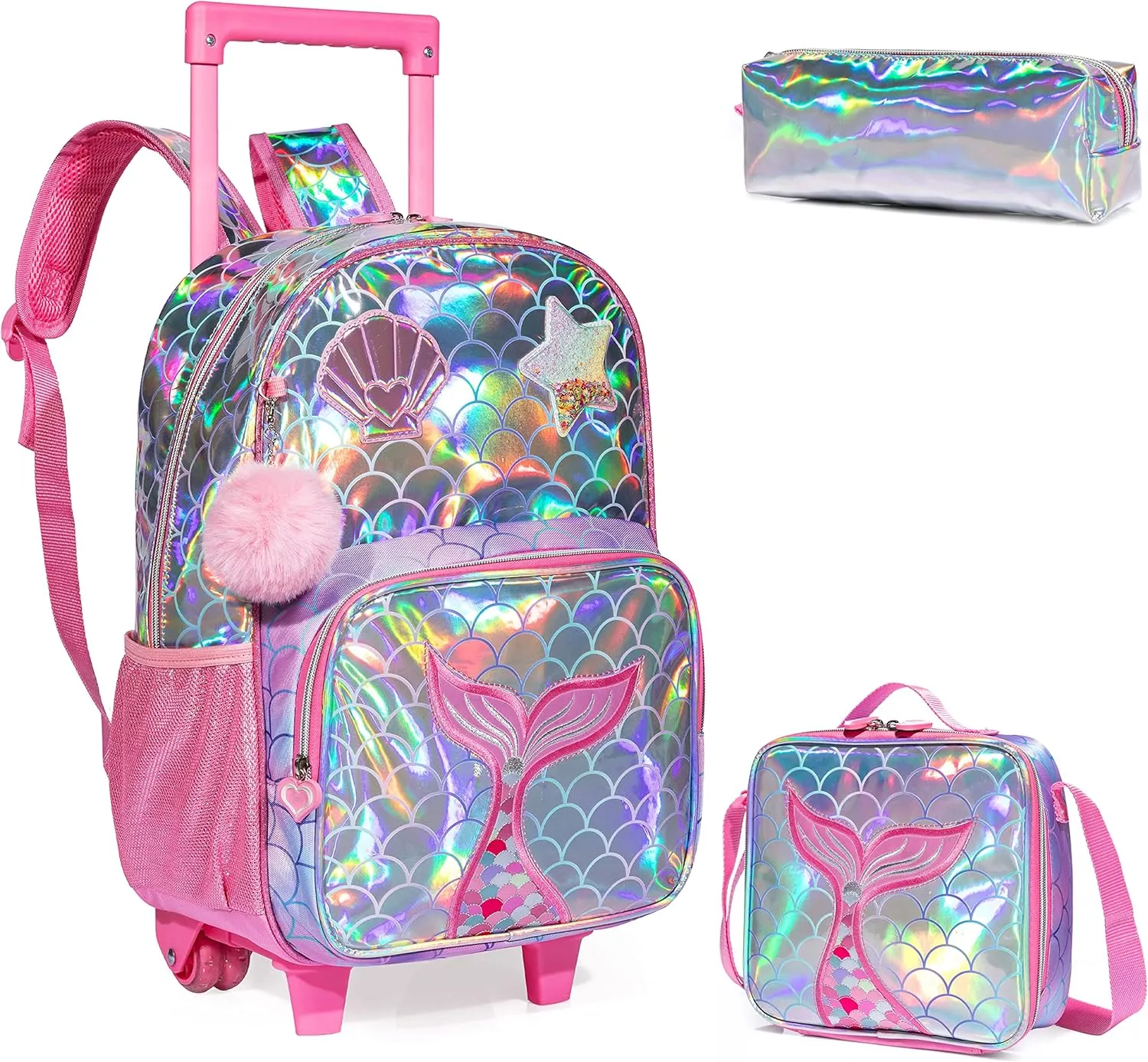 Egchescebo Kids Mermaid Rolling Roller Backpack for Girls 3Pcs Girl Childrens Kid Suitcases Luggage Lunch Box with Wheels School Bags 16“ Kids Wheeled Backpack Red Bright Trolley School Bag