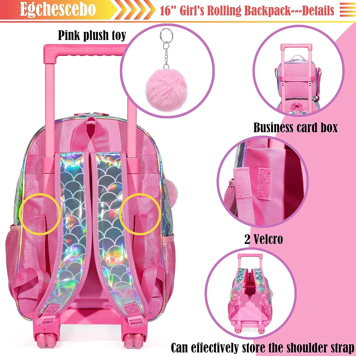 Egchescebo Kids Mermaid Rolling Roller Backpack for Girls 3Pcs Girl Childrens Kid Suitcases Luggage Lunch Box with Wheels School Bags 16“ Kids Wheeled Backpack Red Bright Trolley School Bag