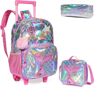 Egchescebo Kids Mermaid Rolling Roller Backpack for Girls 3Pcs Girl Childrens Kid Suitcases Luggage Lunch Box with Wheels School Bags 16“ Kids Wheeled Backpack Red Bright Trolley School Bag