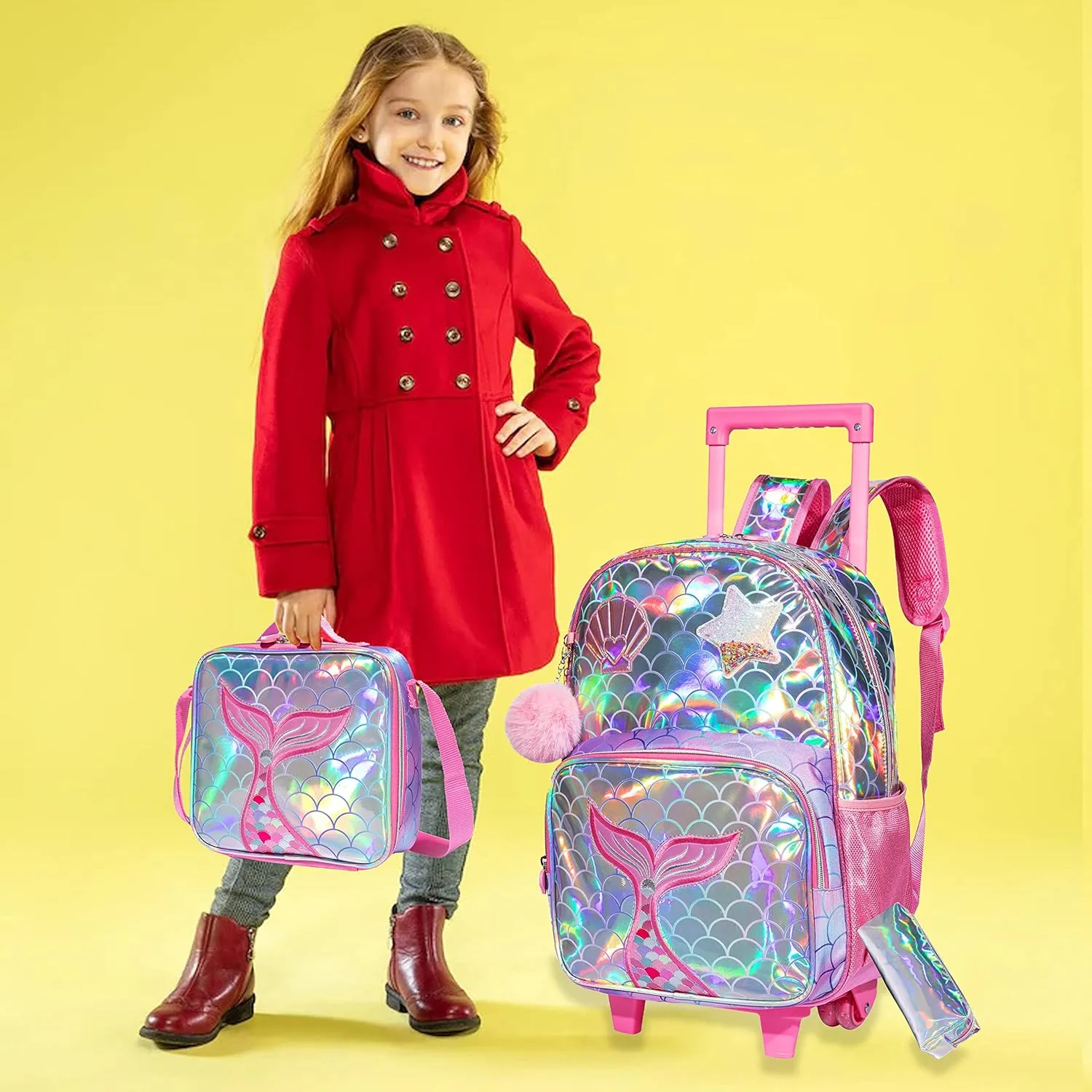 Egchescebo Kids Mermaid Rolling Roller Backpack for Girls 3Pcs Girl Childrens Kid Suitcases Luggage Lunch Box with Wheels School Bags 16“ Kids Wheeled Backpack Red Bright Trolley School Bag