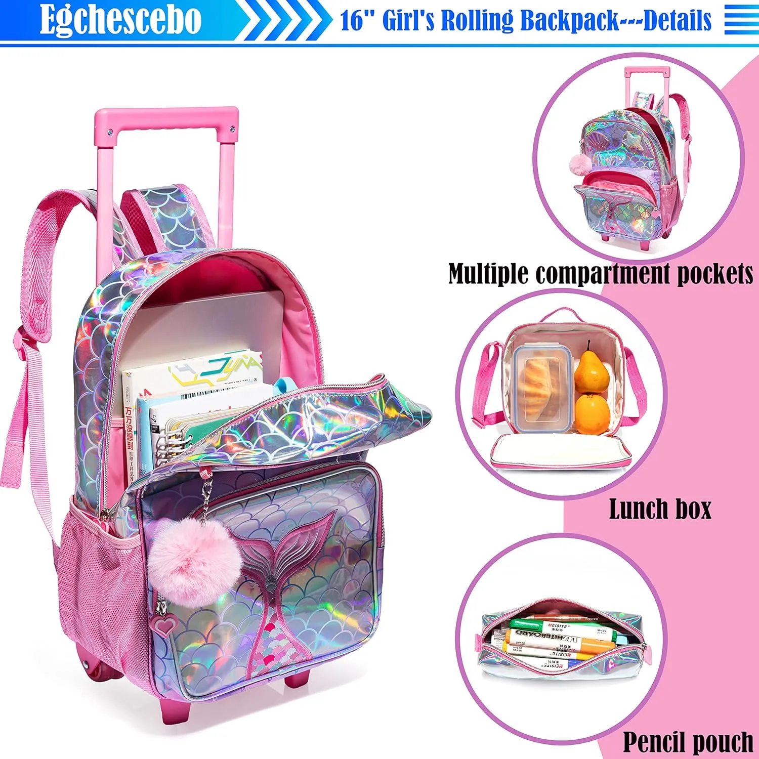 Egchescebo Kids Mermaid Rolling Roller Backpack for Girls 3Pcs Girl Childrens Kid Suitcases Luggage Lunch Box with Wheels School Bags 16“ Kids Wheeled Backpack Red Bright Trolley School Bag