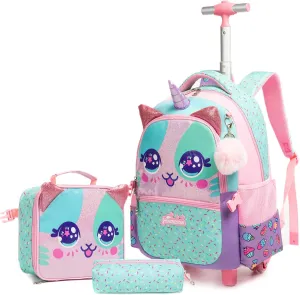 Egchescebo Kids Rolling Animal Backpack for Girls Trolley Suitcases Luggage Travel with Wheels Bookbag Wheeled 17" 3PCS Roller Backpacks Set Toddler Back Pack School Bags for Elementary Pink