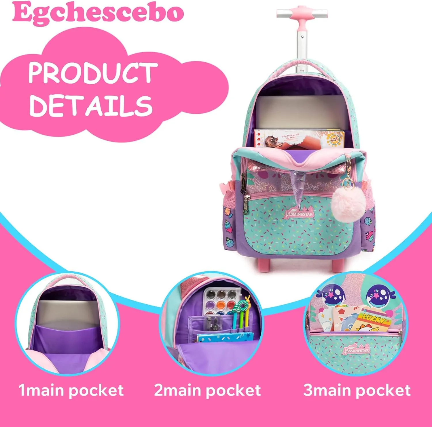 Egchescebo Kids Rolling Animal Backpack for Girls Trolley Suitcases Luggage Travel with Wheels Bookbag Wheeled 17" 3PCS Roller Backpacks Set Toddler Back Pack School Bags for Elementary Pink