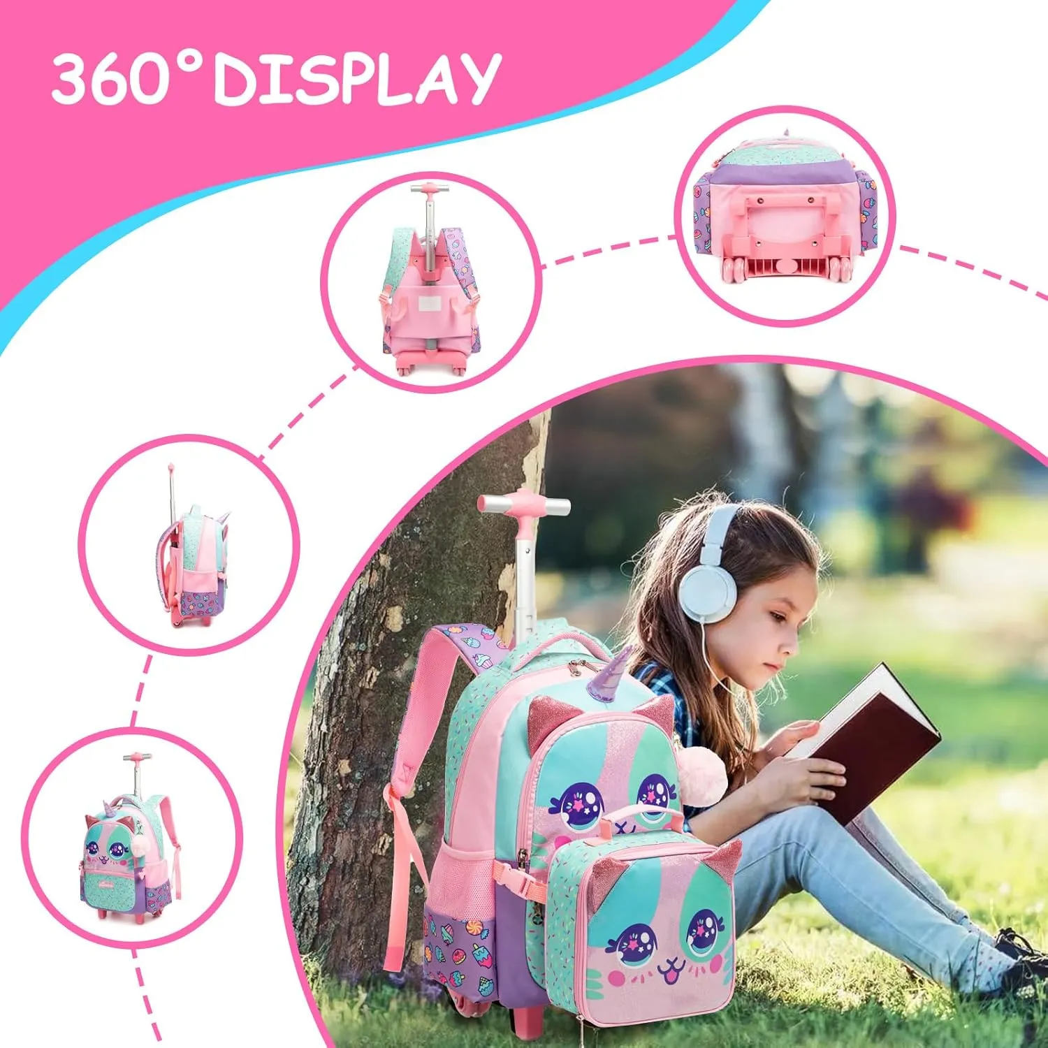 Egchescebo Kids Rolling Animal Backpack for Girls Trolley Suitcases Luggage Travel with Wheels Bookbag Wheeled 17" 3PCS Roller Backpacks Set Toddler Back Pack School Bags for Elementary Pink