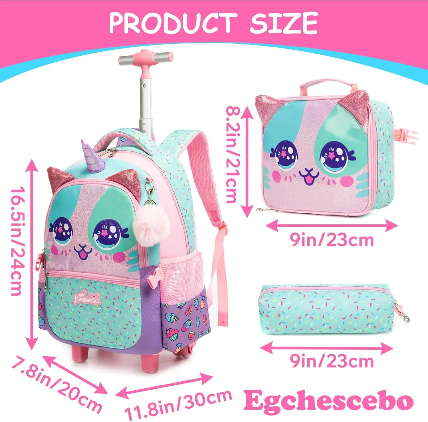 Egchescebo Kids Rolling Animal Backpack for Girls Trolley Suitcases Luggage Travel with Wheels Bookbag Wheeled 17" 3PCS Roller Backpacks Set Toddler Back Pack School Bags for Elementary Pink