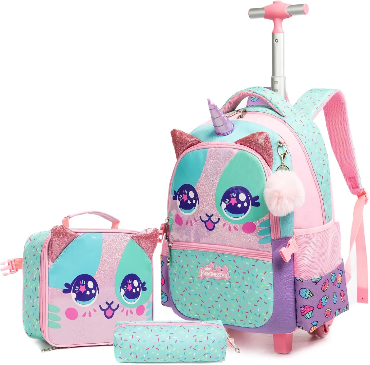 Egchescebo Kids Rolling Animal Backpack for Girls Trolley Suitcases Luggage Travel with Wheels Bookbag Wheeled 17" 3PCS Roller Backpacks Set Toddler Back Pack School Bags for Elementary Pink
