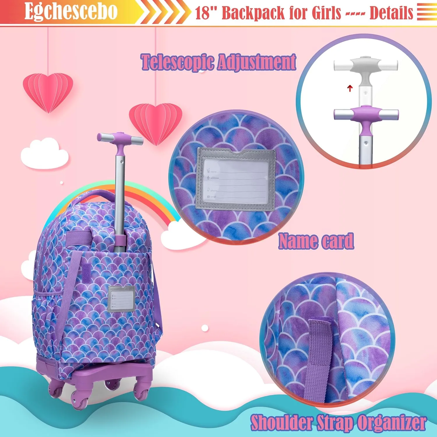 Egchescebo Kids Rolling Backpack for Girls Mermaids Suitcases Trolley Roller Luggage Backpacks with 360° Rotating Wheels 15" Laptop Lunch Box Pencil Case for Elementary 18" Travel School Bag Purple
