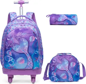 Egchescebo Kids Rolling Backpack for Girls Mermaids Suitcases Trolley Roller Luggage Backpacks with 360° Rotating Wheels 15" Laptop Lunch Box Pencil Case for Elementary 18" Travel School Bag Purple
