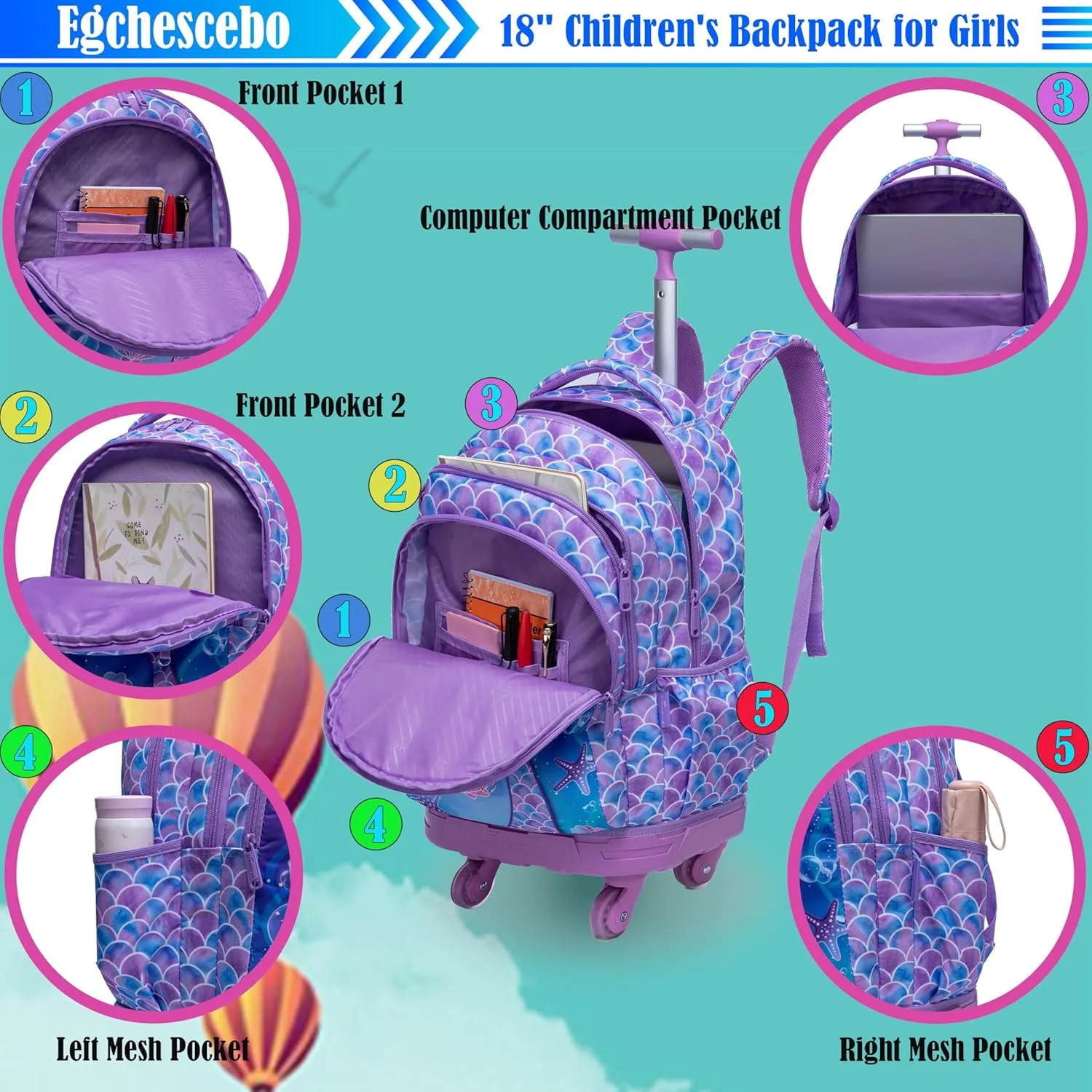 Egchescebo Kids Rolling Backpack for Girls Mermaids Suitcases Trolley Roller Luggage Backpacks with 360° Rotating Wheels 15" Laptop Lunch Box Pencil Case for Elementary 18" Travel School Bag Purple