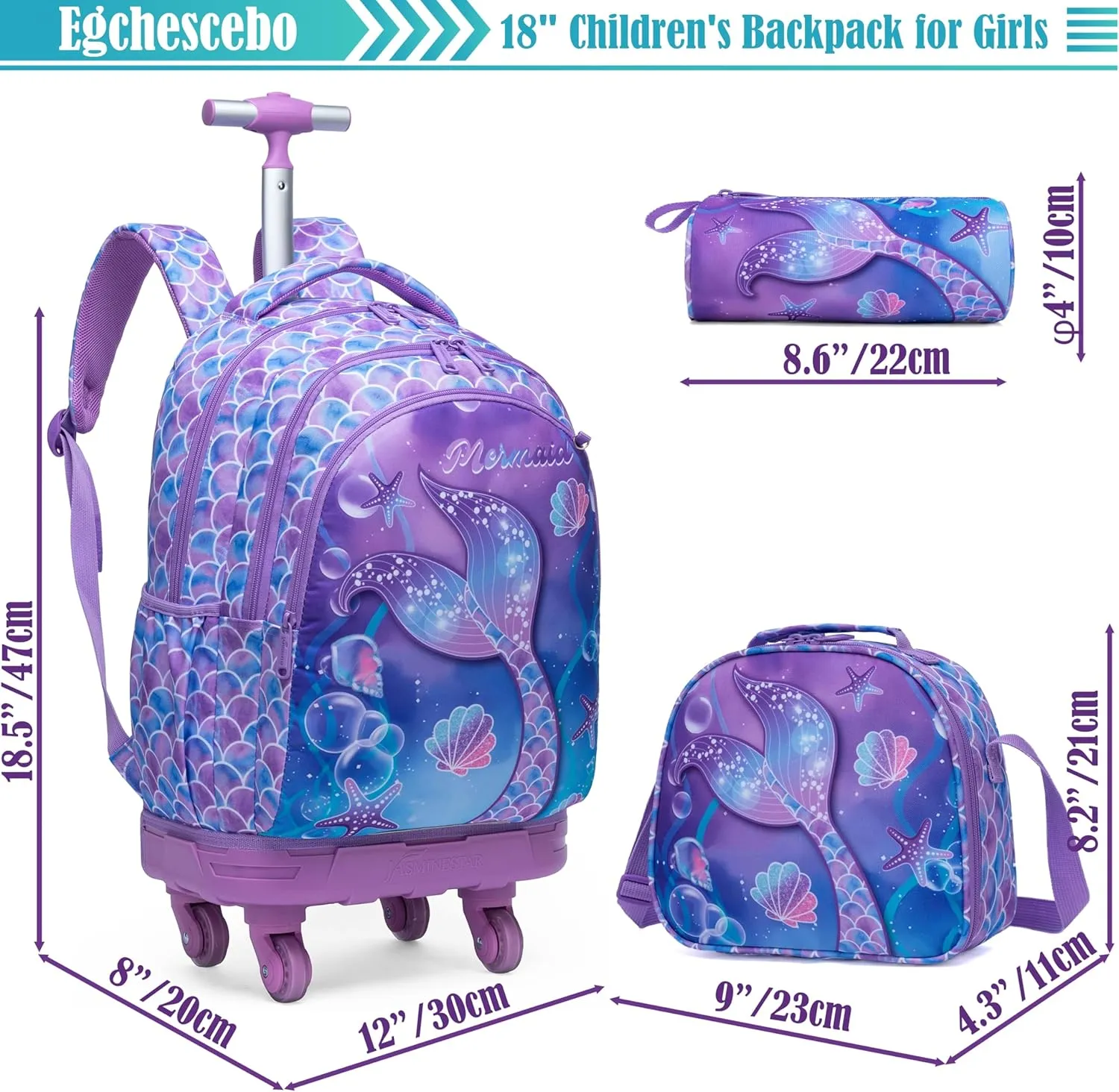 Egchescebo Kids Rolling Backpack for Girls Mermaids Suitcases Trolley Roller Luggage Backpacks with 360° Rotating Wheels 15" Laptop Lunch Box Pencil Case for Elementary 18" Travel School Bag Purple